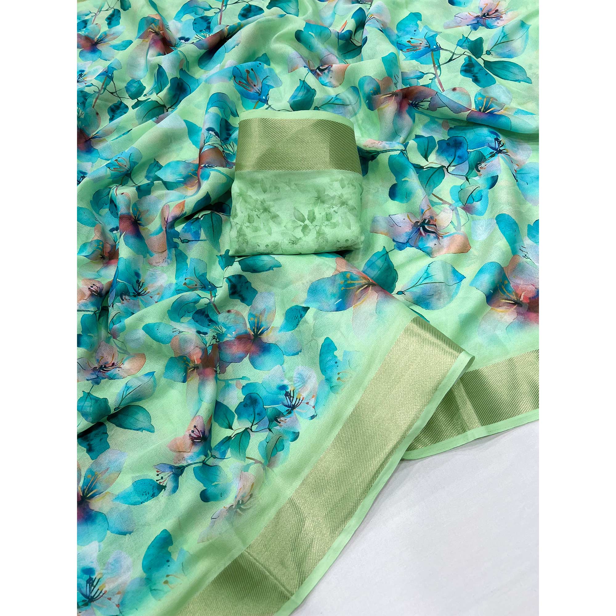 Sea Green Floral Digital Printed Moss Georgette Saree With Zari Border