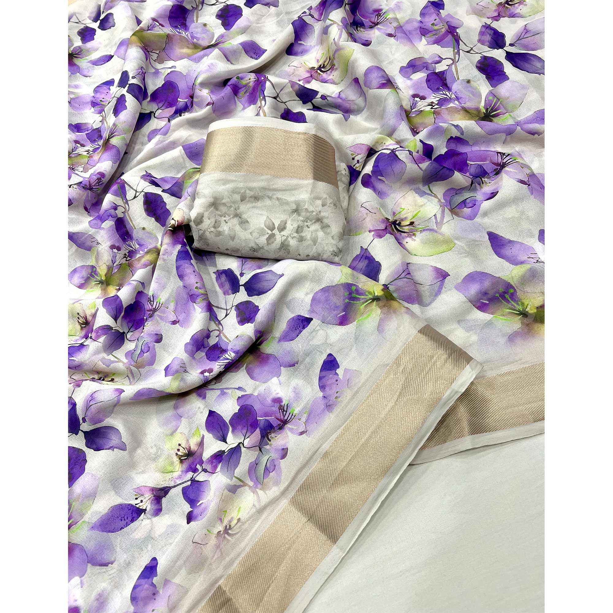 White & Purple Floral Digital Printed Moss Georgette Saree With Zari Border