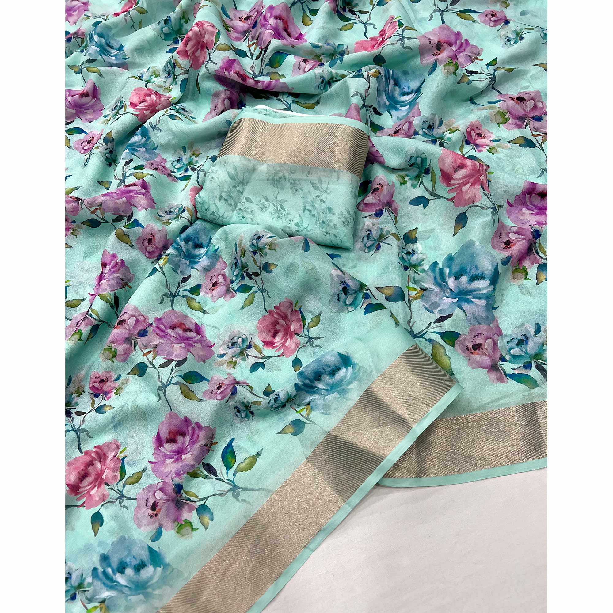 Blue Floral Digital Printed Moss Georgette Saree With Zari Border