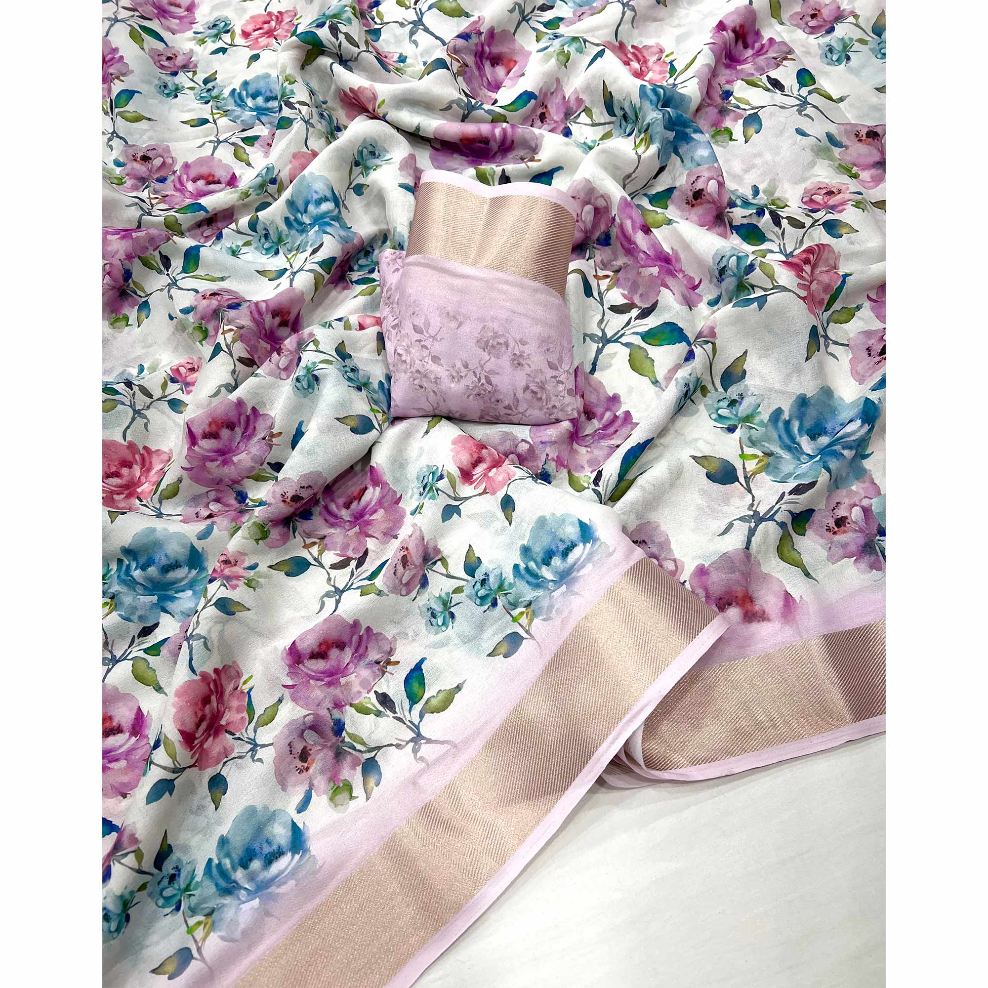 White Floral Digital Printed Moss Georgette Saree With Zari Border
