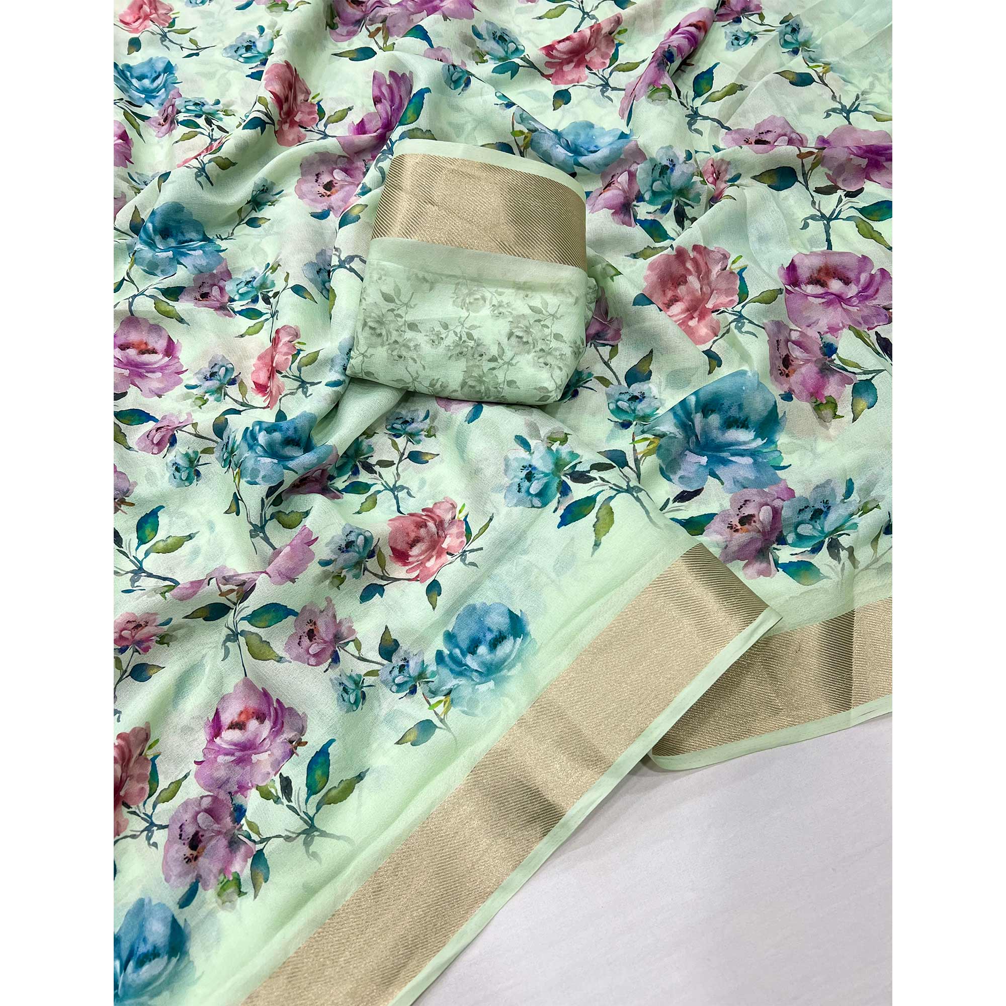 Sea Green Floral Digital Printed Moss Georgette Saree With Zari Border