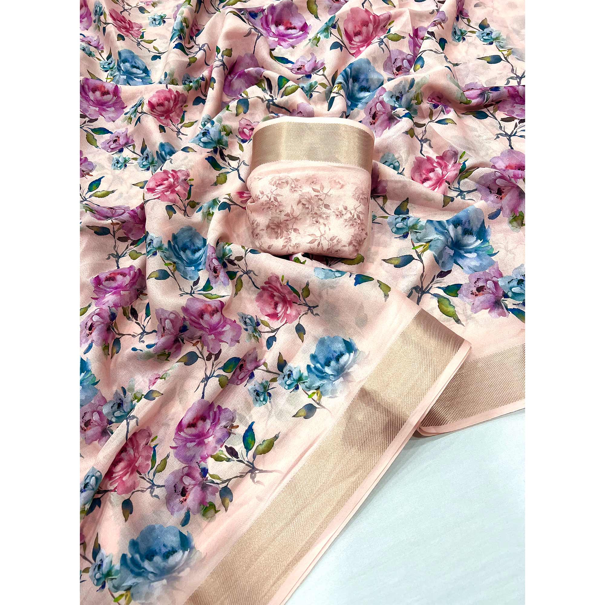 Peach Floral Digital Printed Moss Georgette Saree With Zari Border