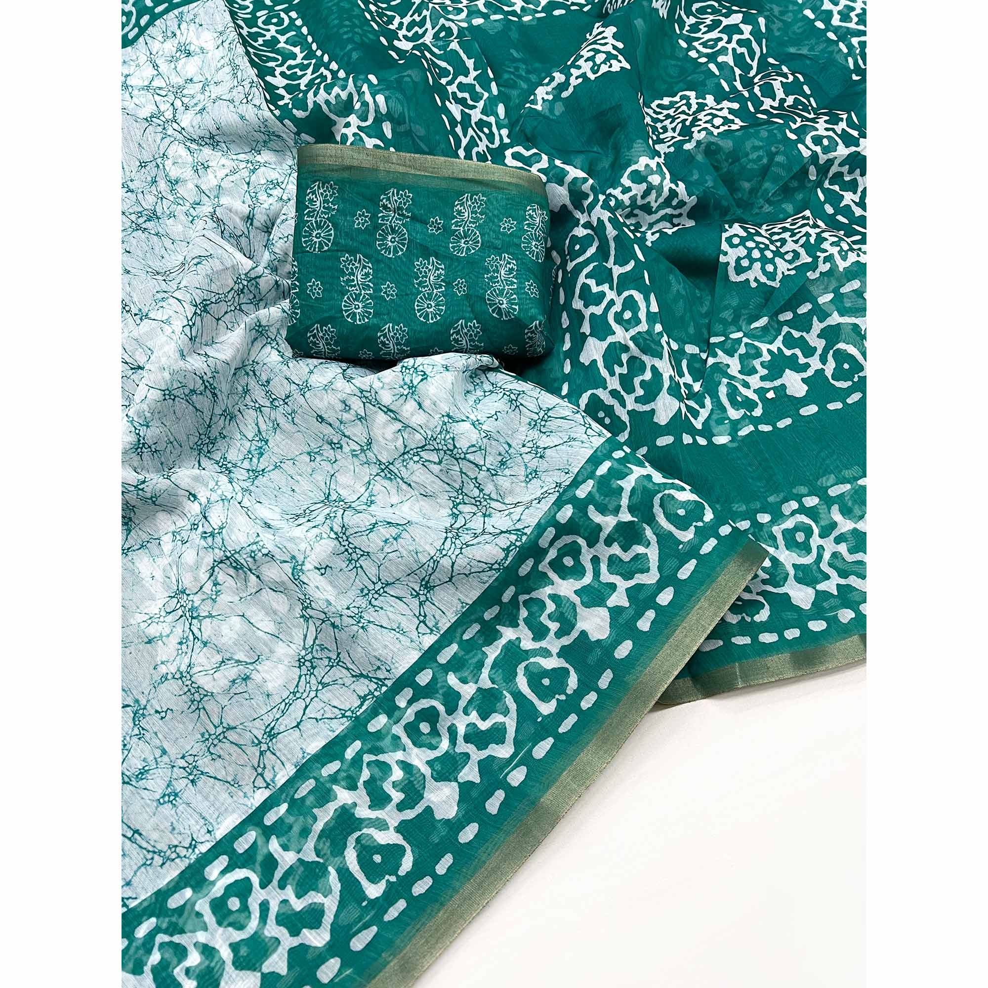 Rama Green Digital Printed Linen Saree With Zari Border