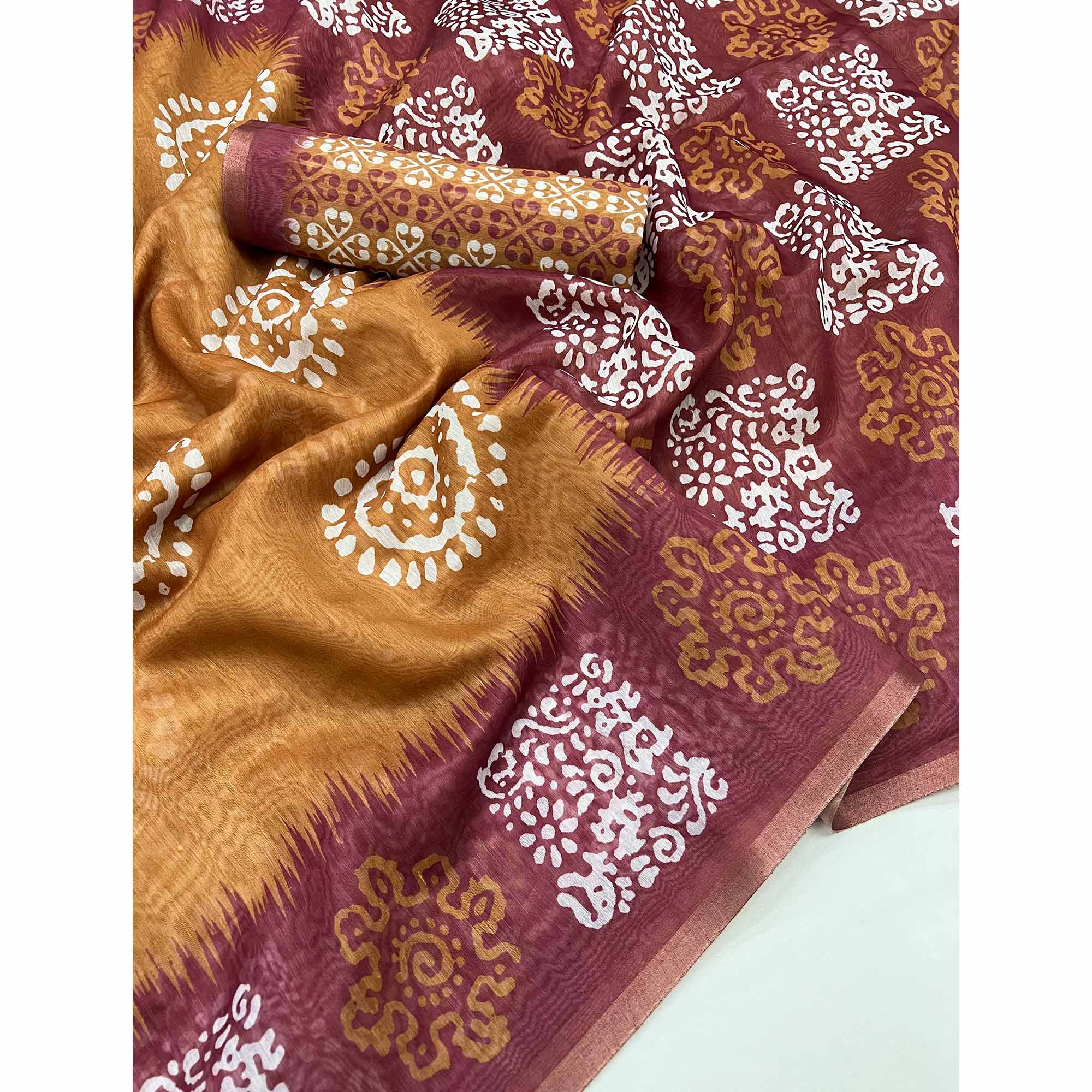 Brown & Wine Digital Printed Linen Saree With Zari Border