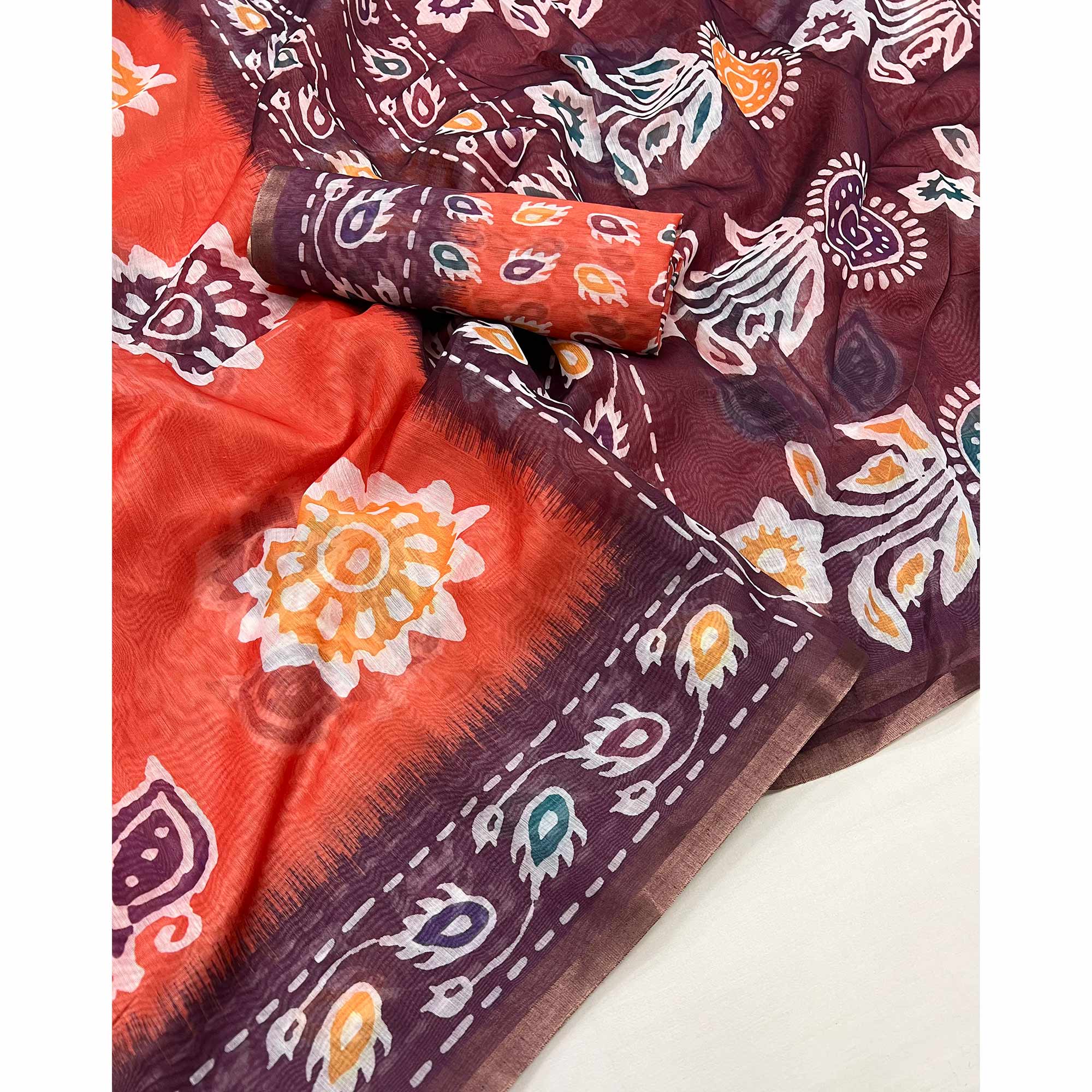 Reddish Orange Digital Printed Linen Saree With Zari Border