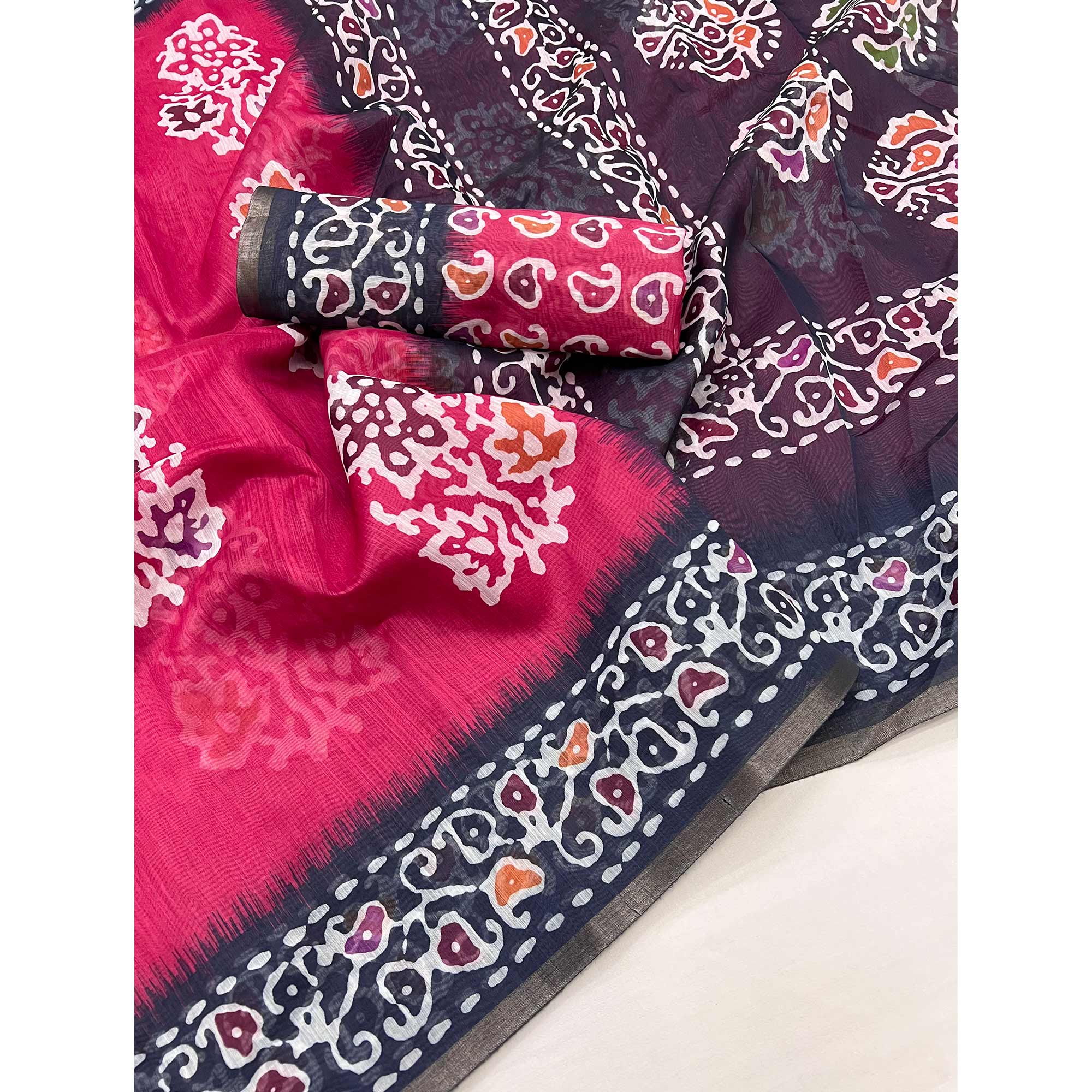 Pink & Blue Digital Printed Linen Saree With Zari Border