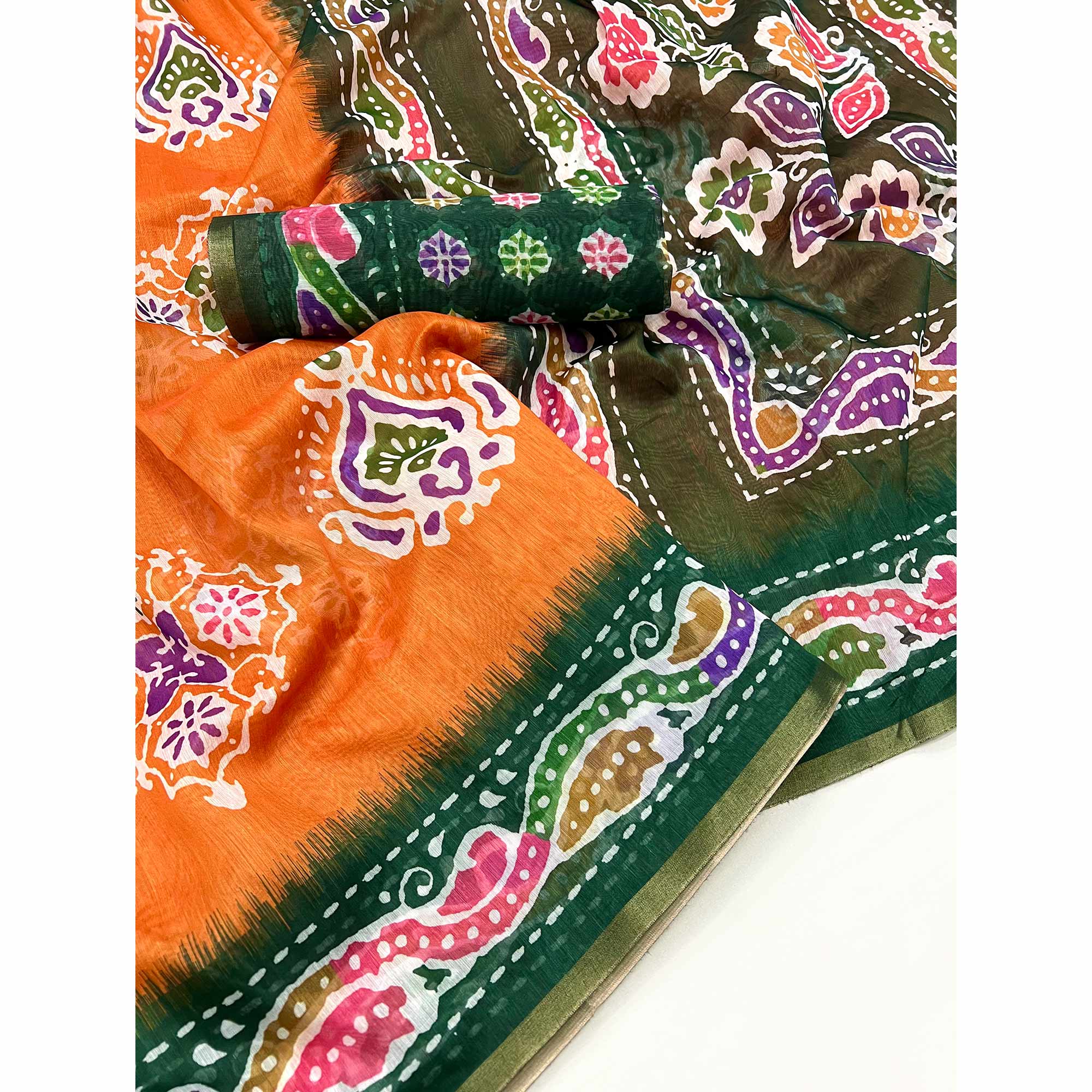 Orange & Green Digital Printed Linen Saree With Zari Border