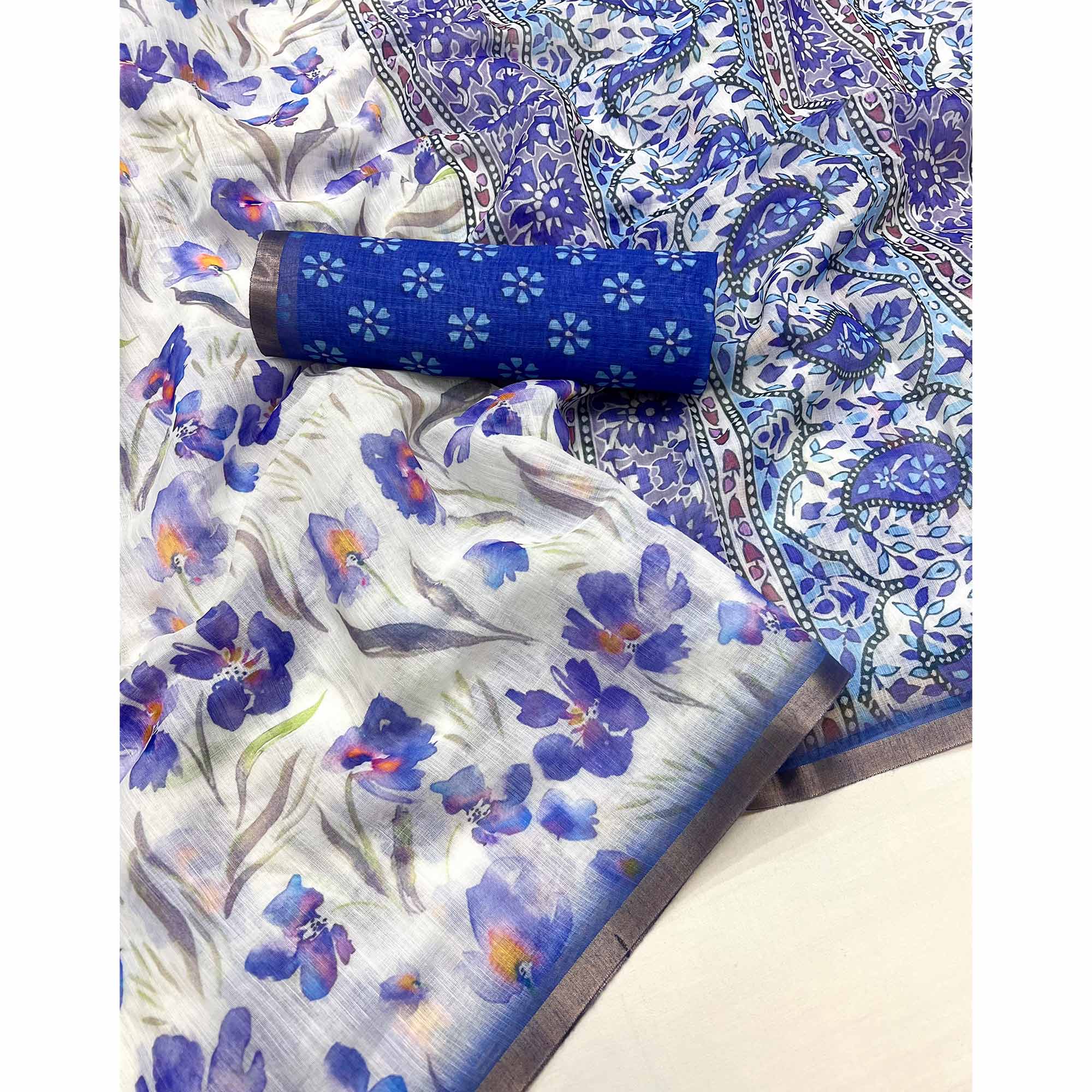 White & Blue Floral Digital Printed Linen Saree With Zari Border