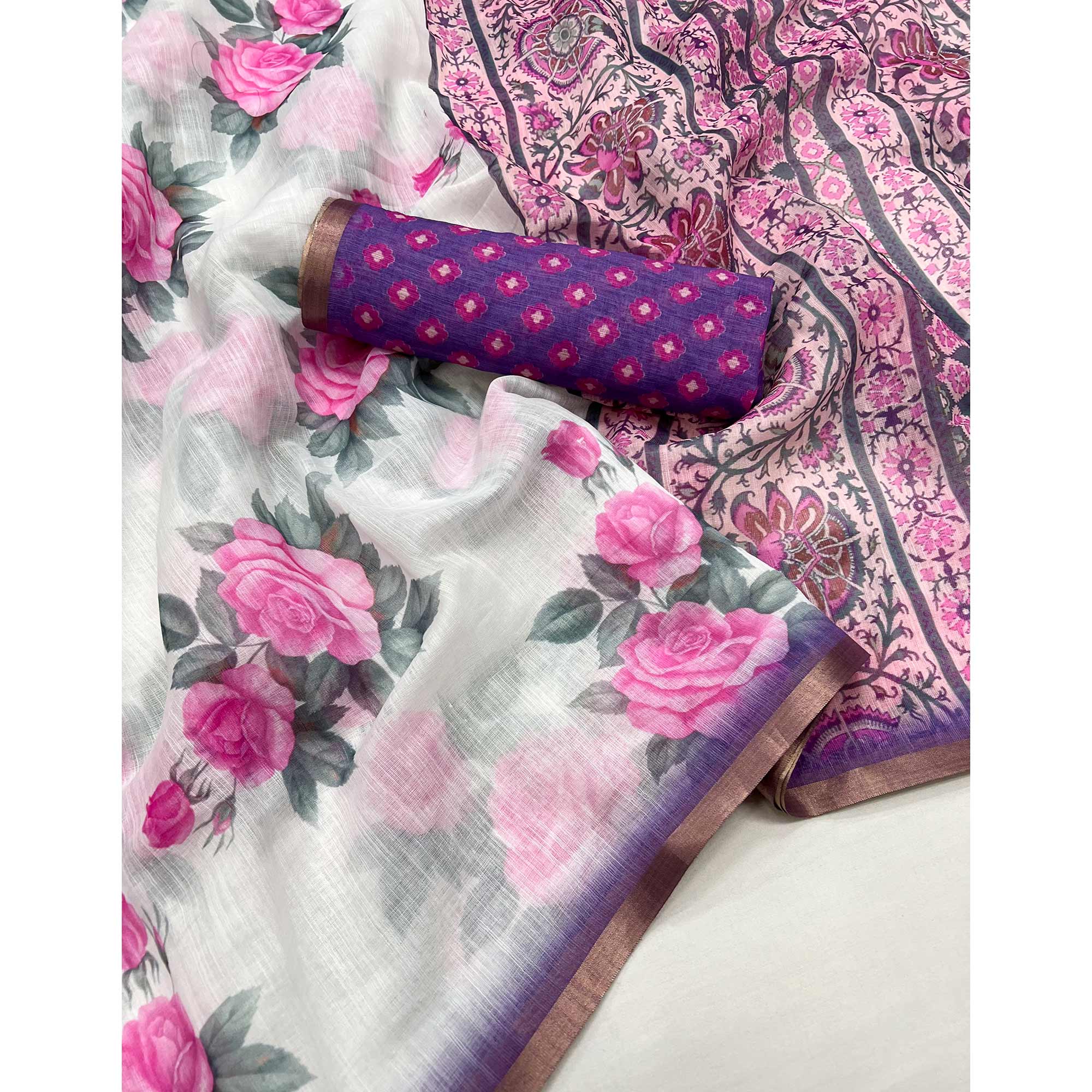 White & Pink Floral Digital Printed Linen Saree With Zari Border