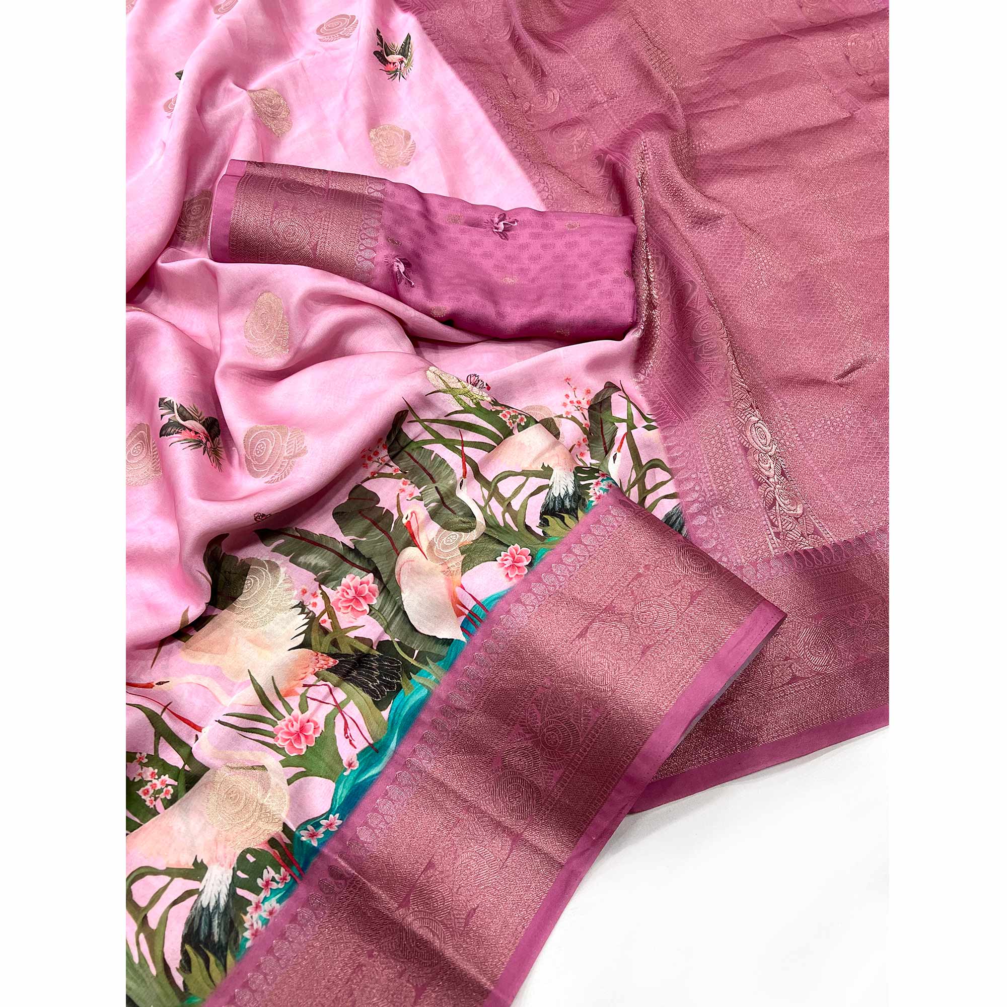 Pink Floral Woven With Digital Printed Satin Saree
