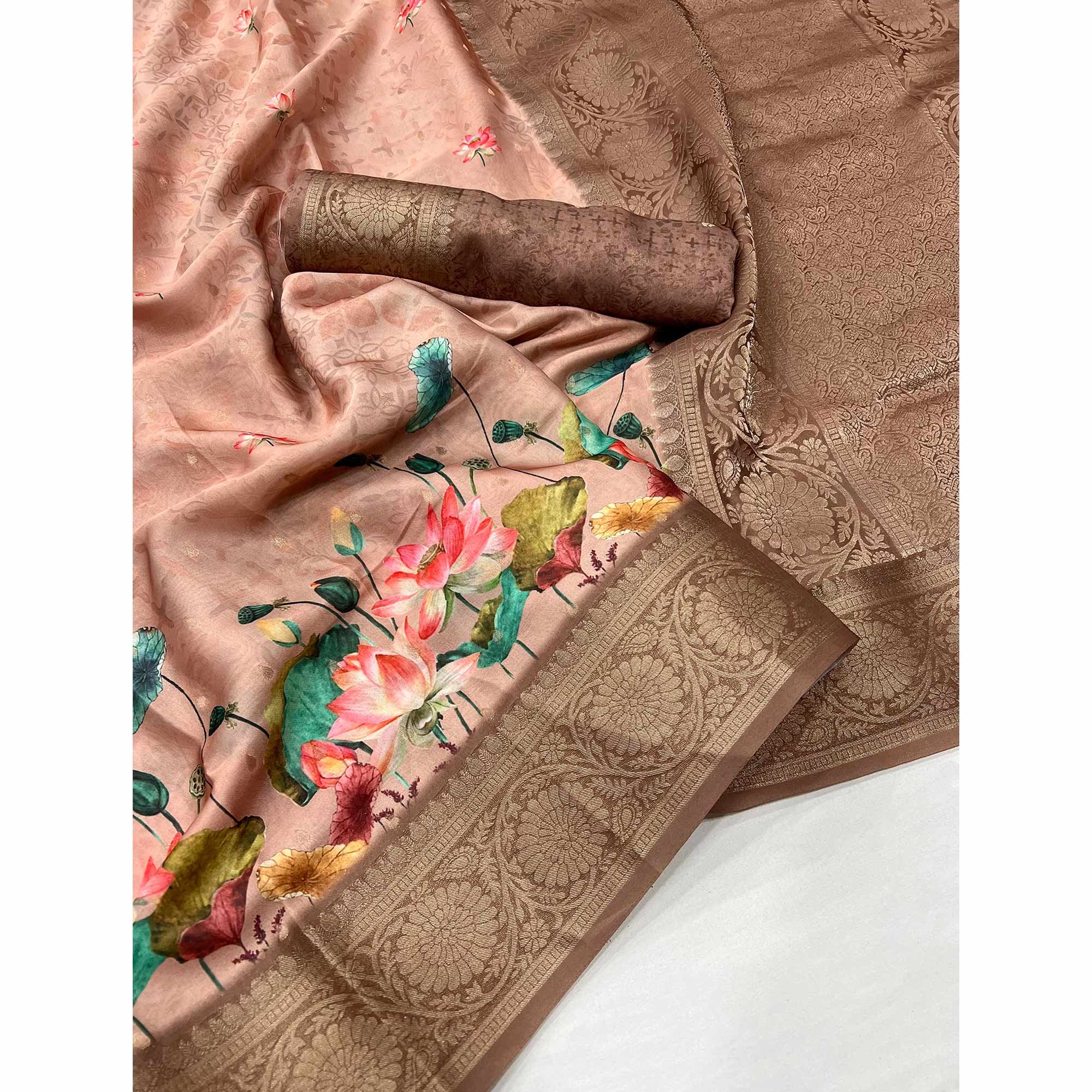 Peach Floral Woven With Digital Printed Satin Saree