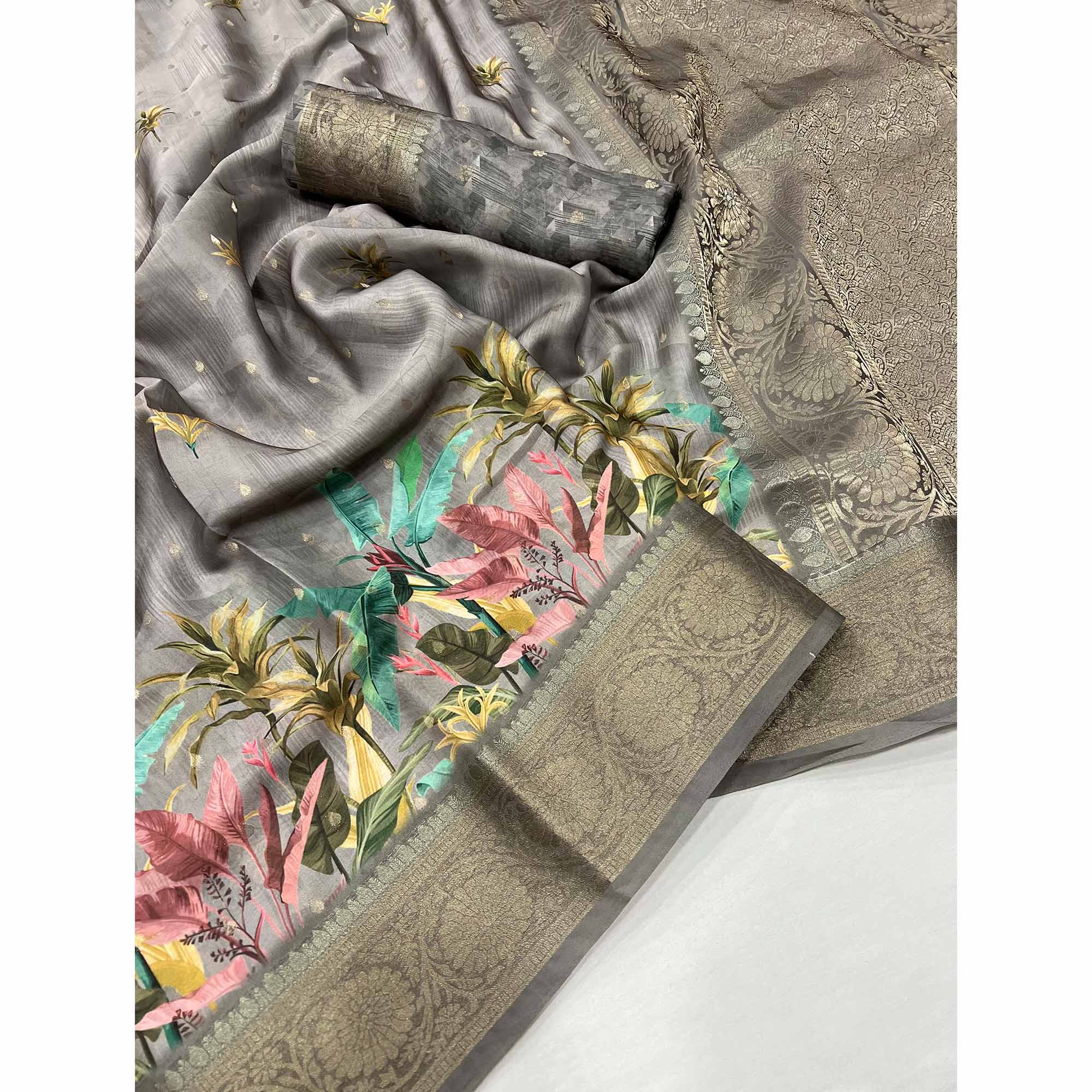 Grey Floral Woven With Digital Printed Satin Saree