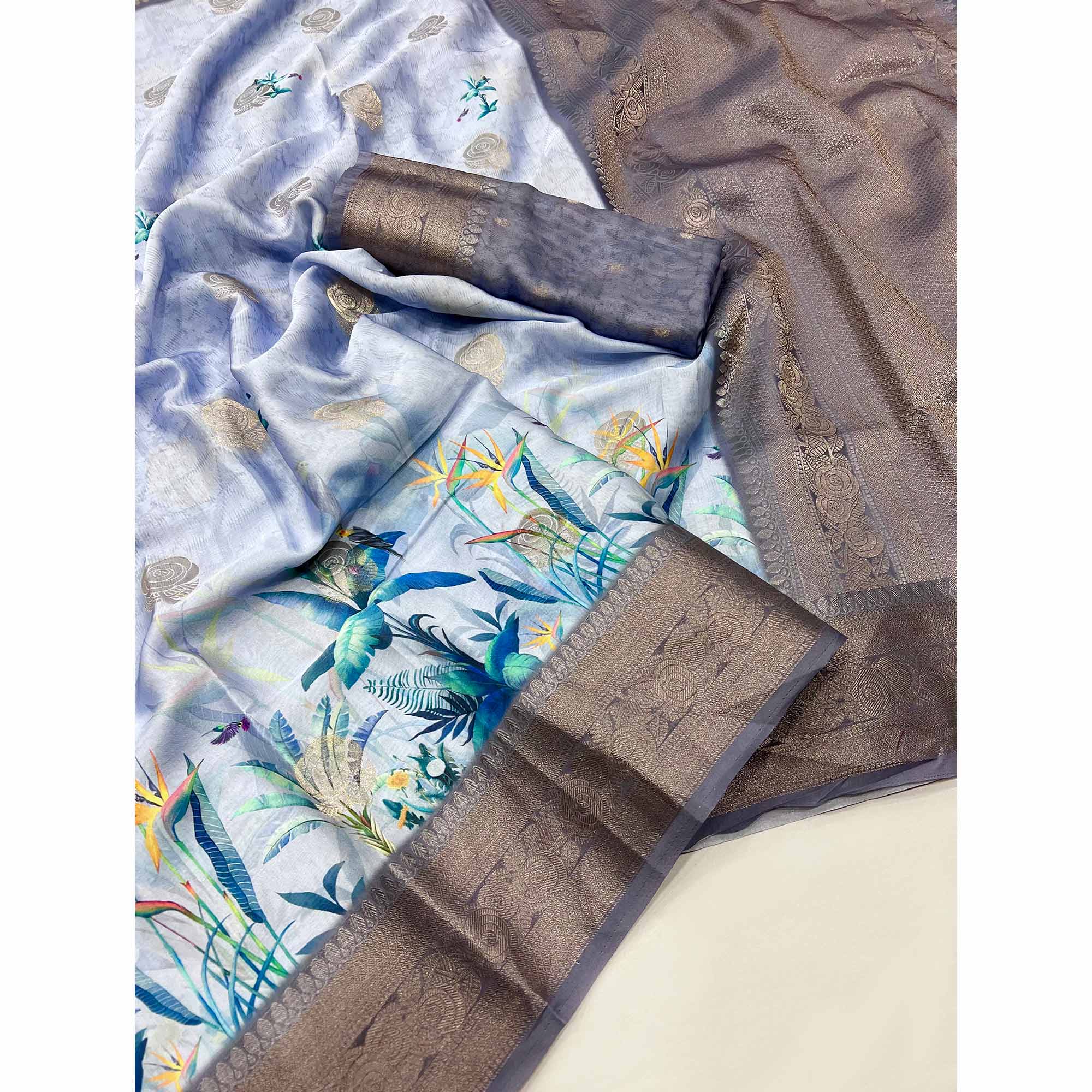 Light Lavender Floral Woven With Digital Printed Satin Saree