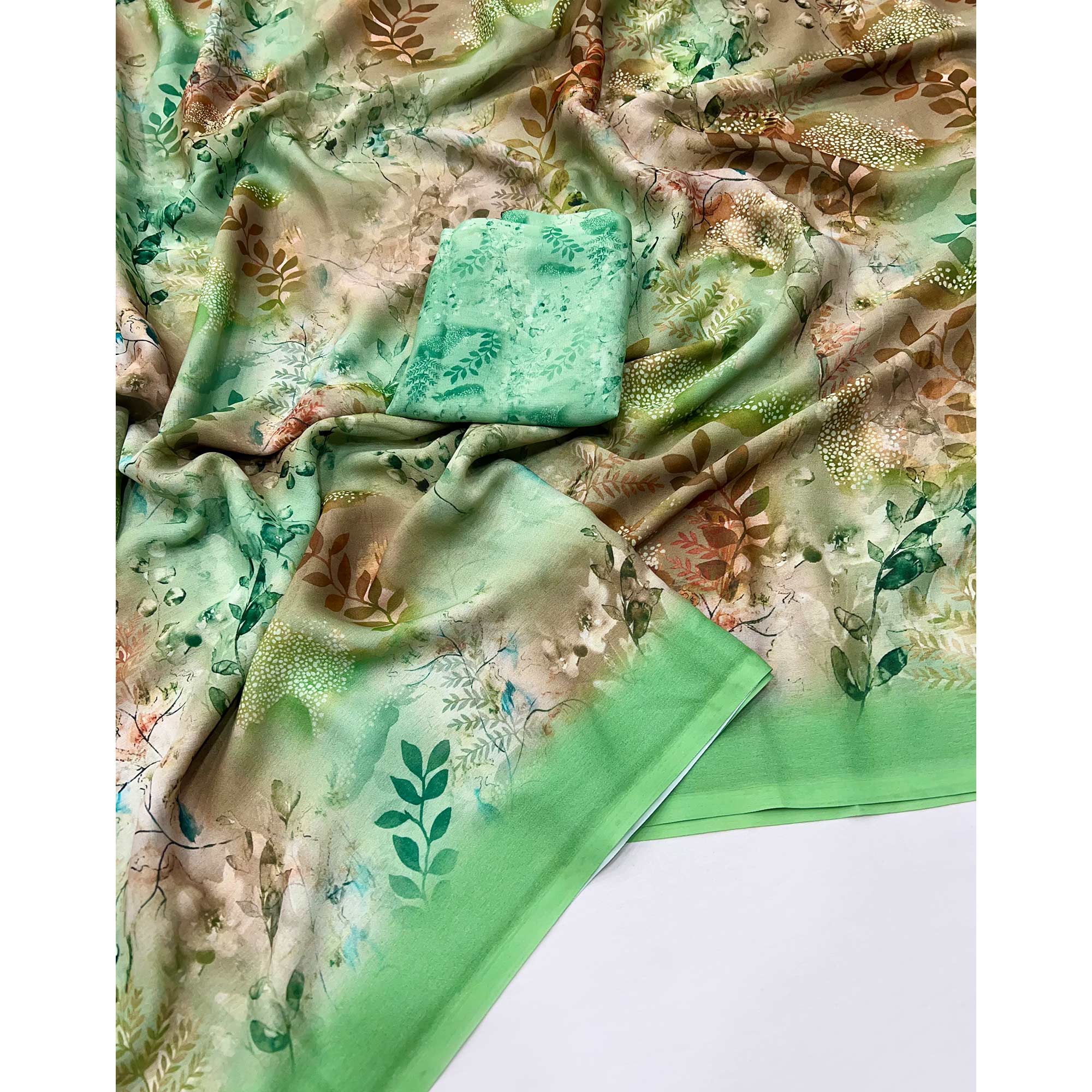 Green Floral Digital Printed Georgette Saree