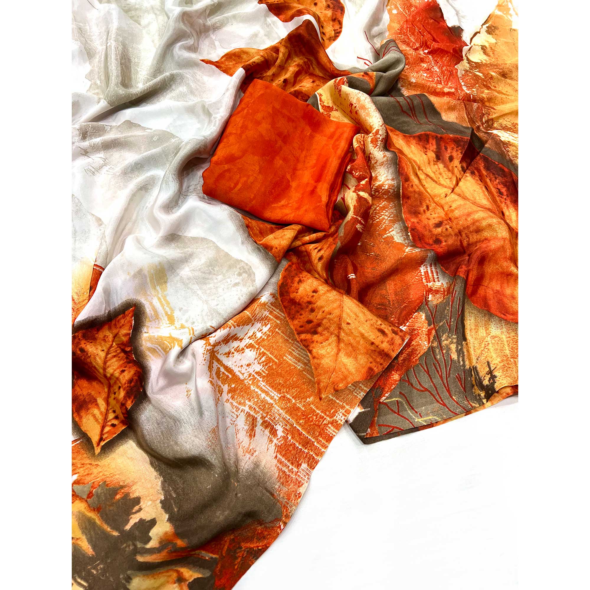 Orange Printed Crepe Silk Saree