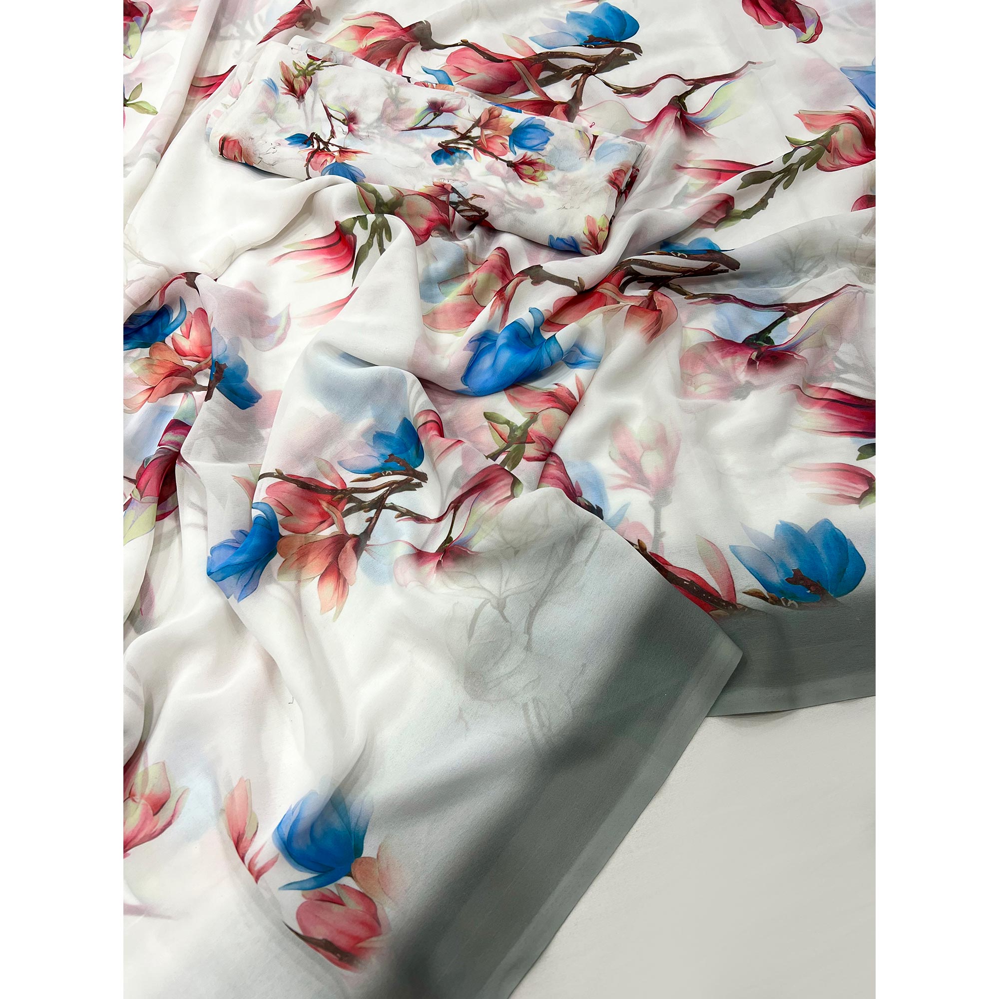 White Floral Digital Printed Georgette Saree