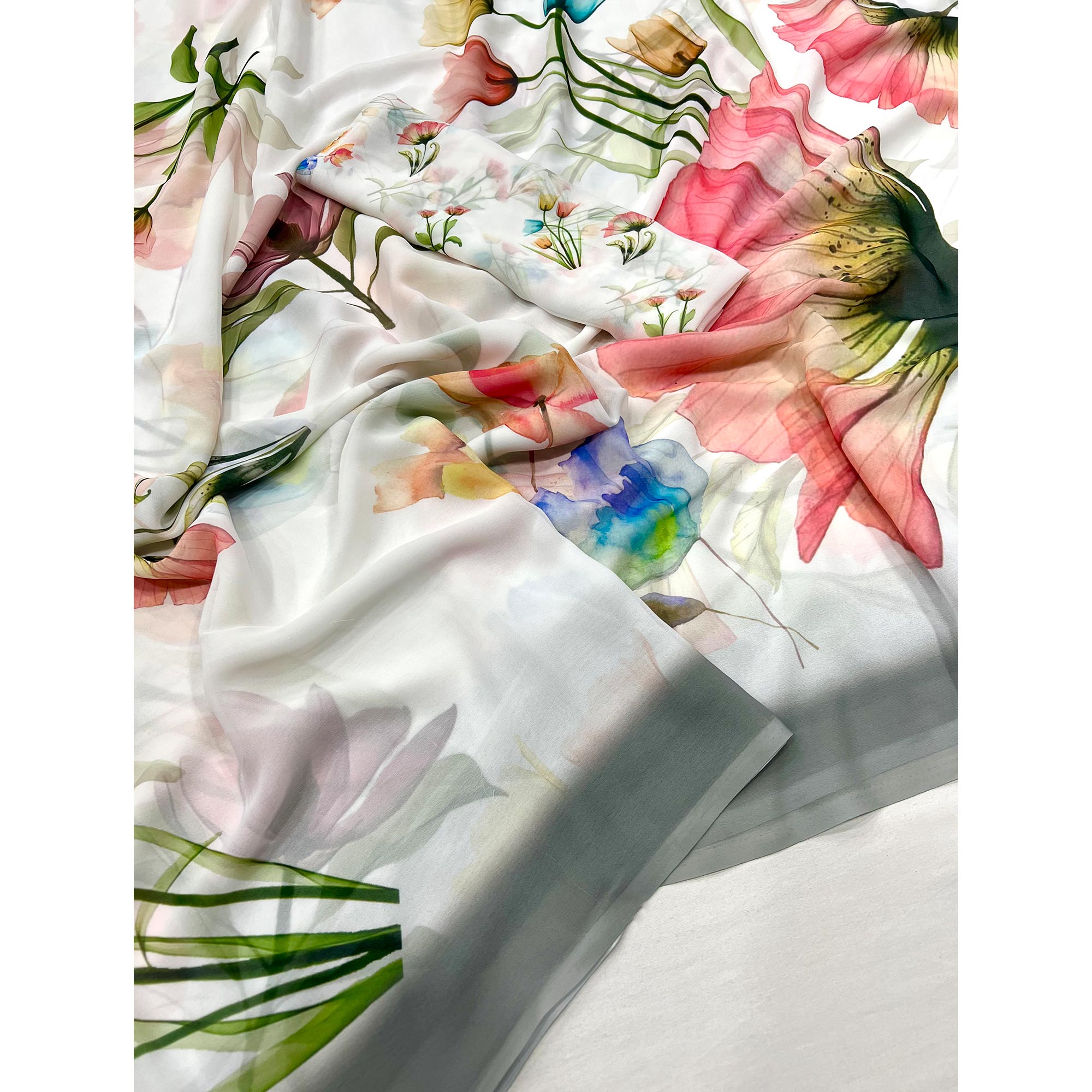 White Floral Digital Printed Georgette Saree