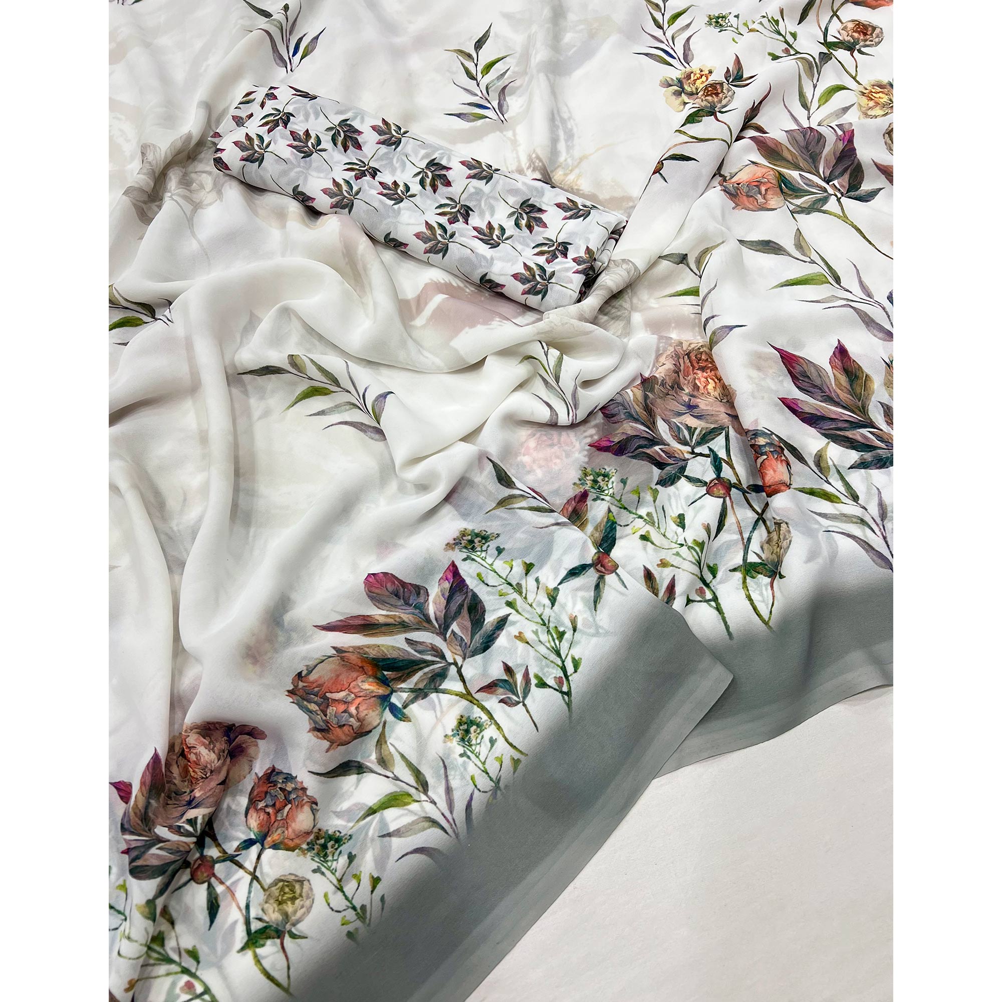 White Floral Digital Printed Georgette Saree