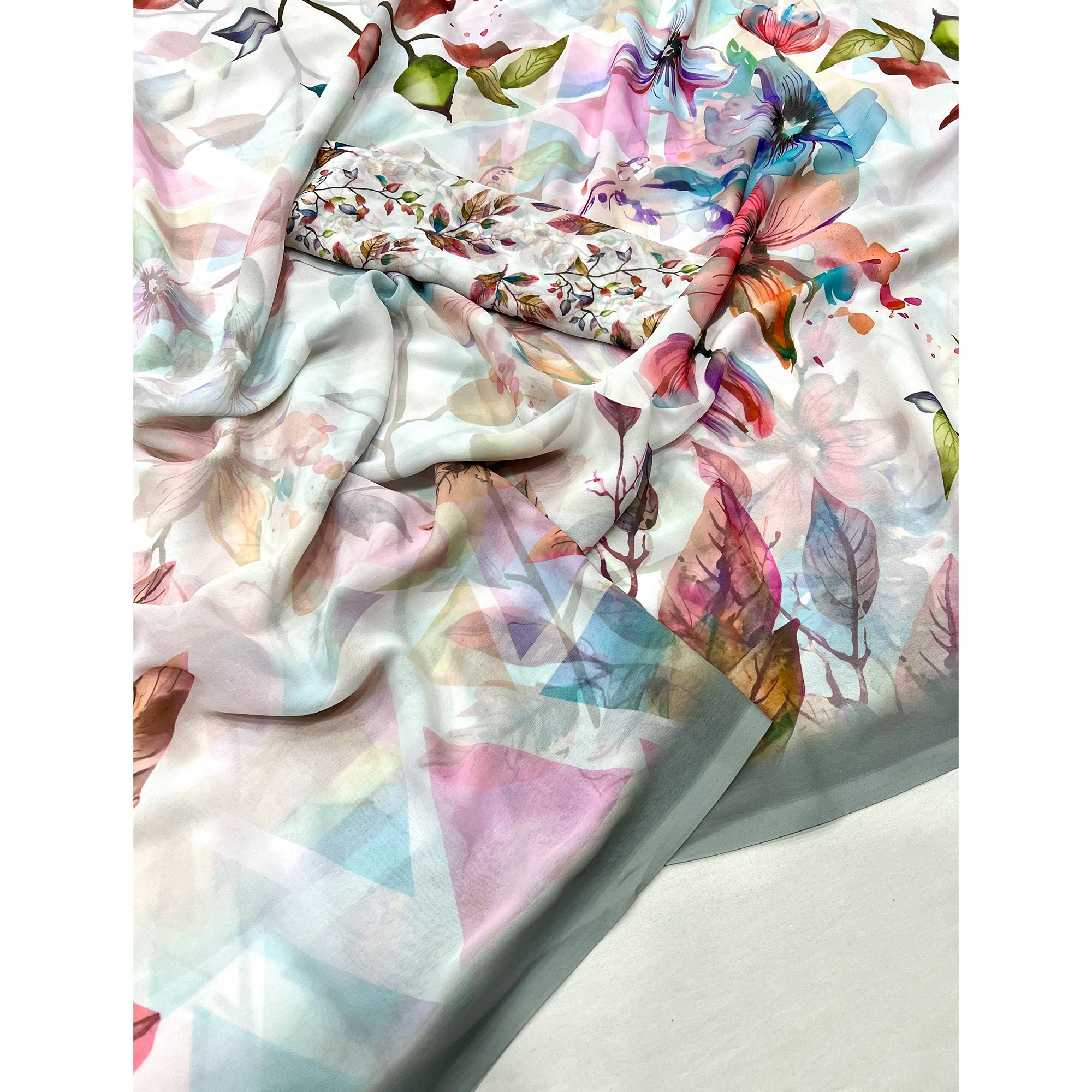 White Floral Digital Printed Georgette Saree