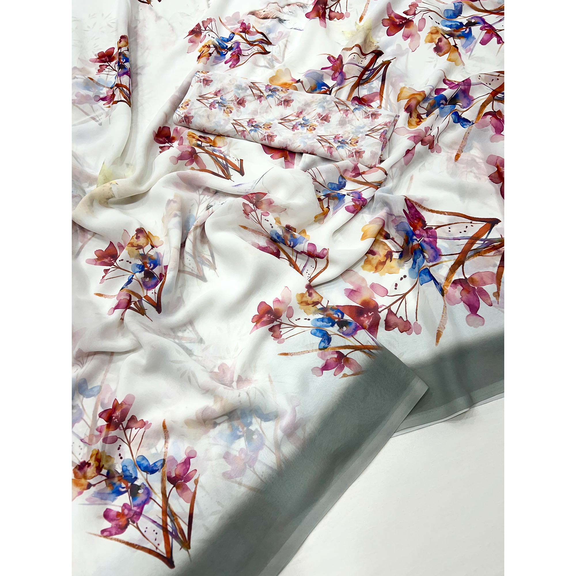 White Floral Digital Printed Georgette Saree