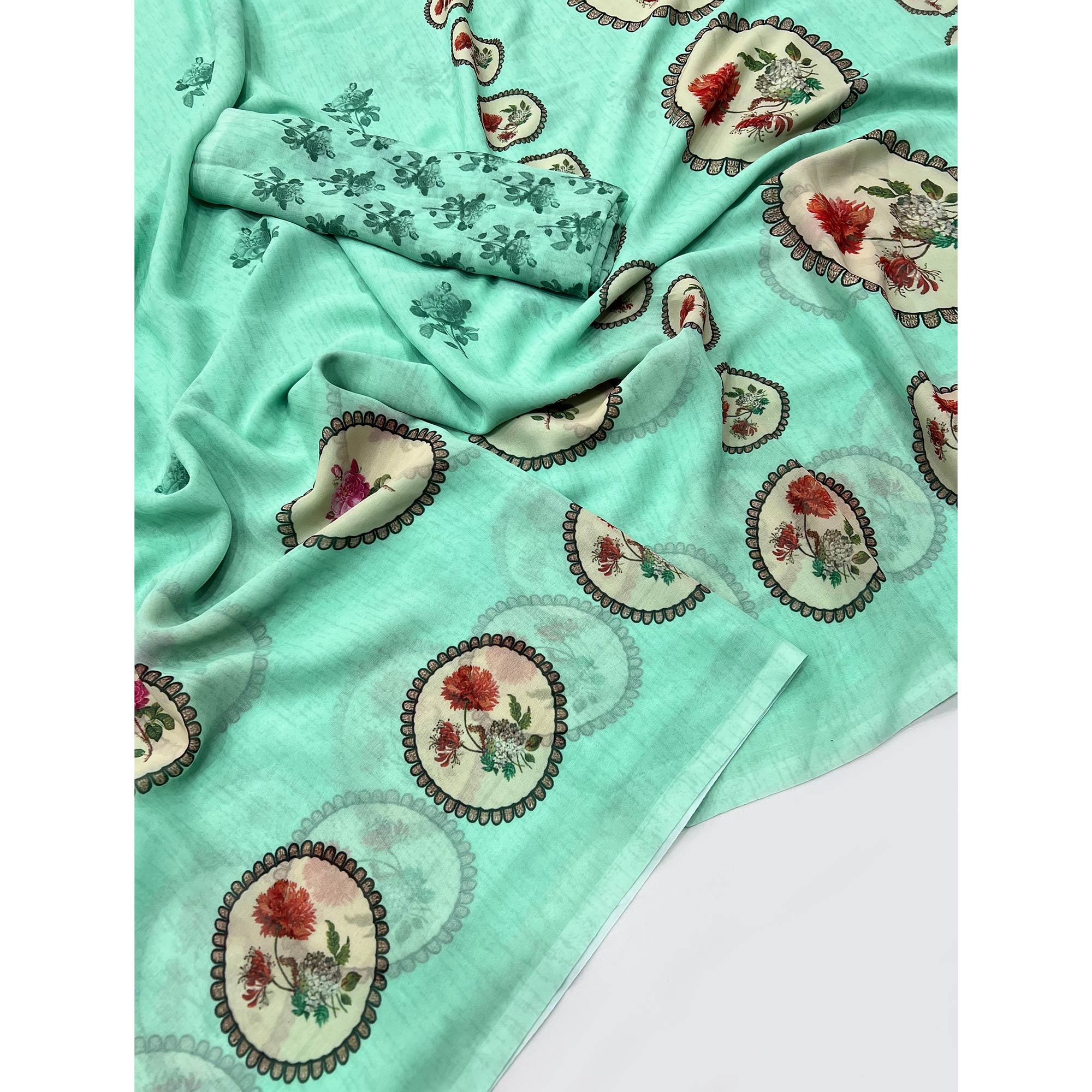 Sea Green Floral Digital Printed Georgette Saree