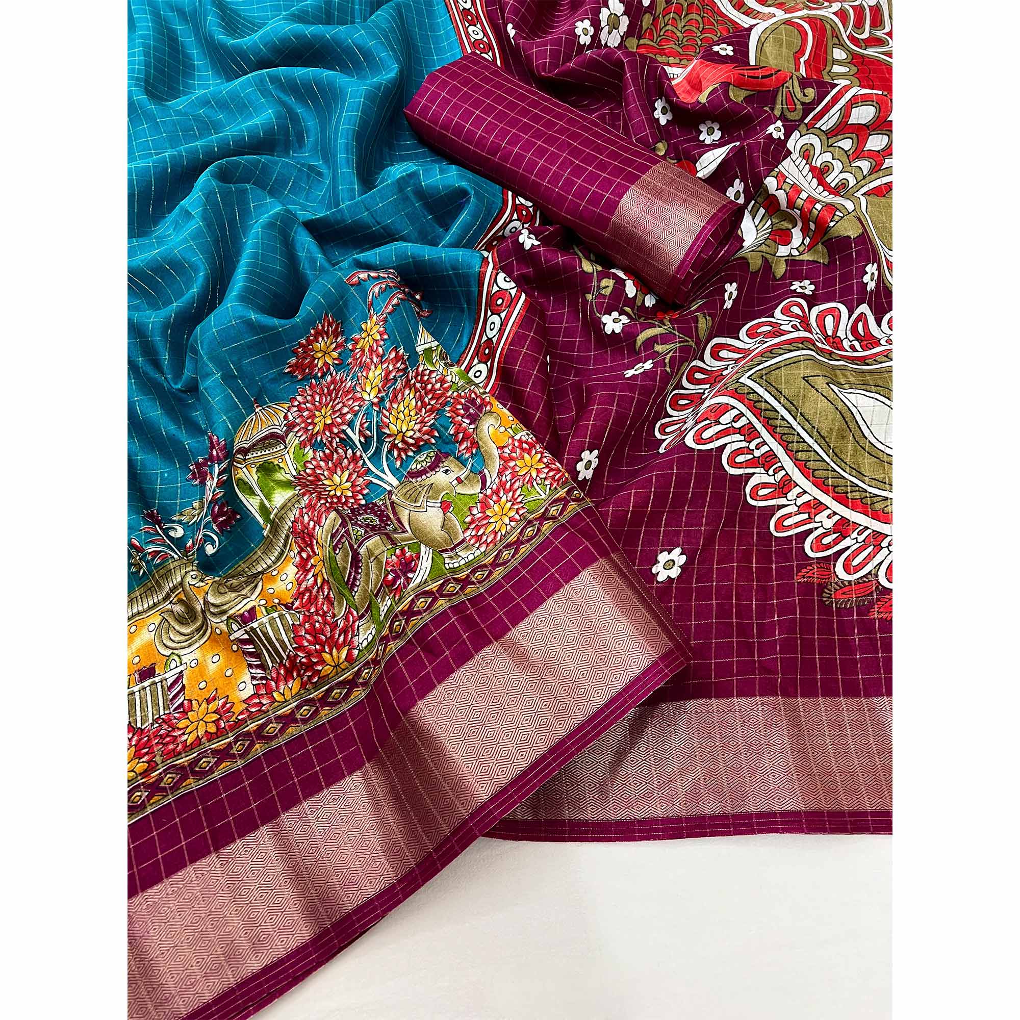 Blue Checkes Zari Woven With Floral Printed Dola Silk Saree