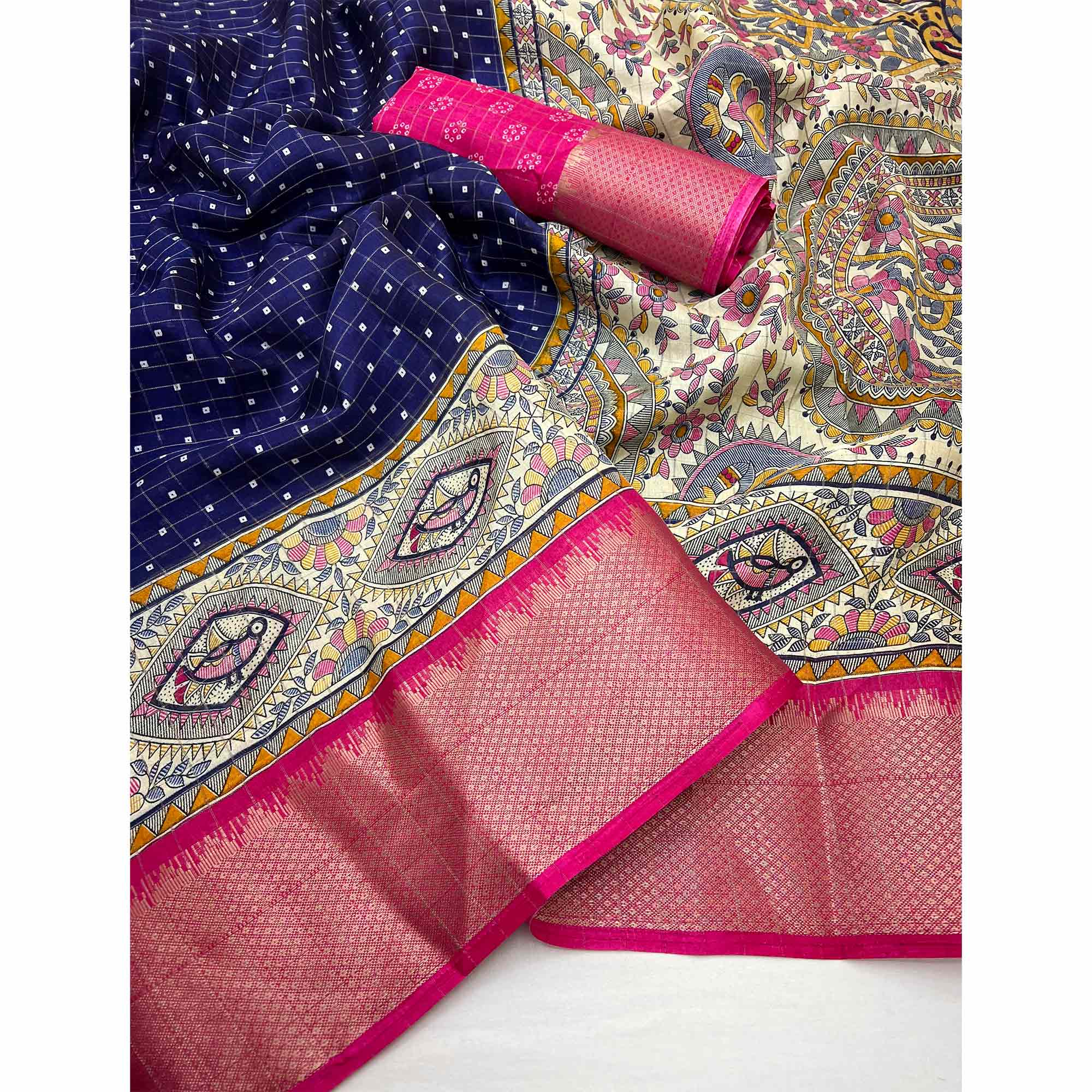 Navy Blue Checkes Zari Woven With Floral Printed Dola Silk Saree