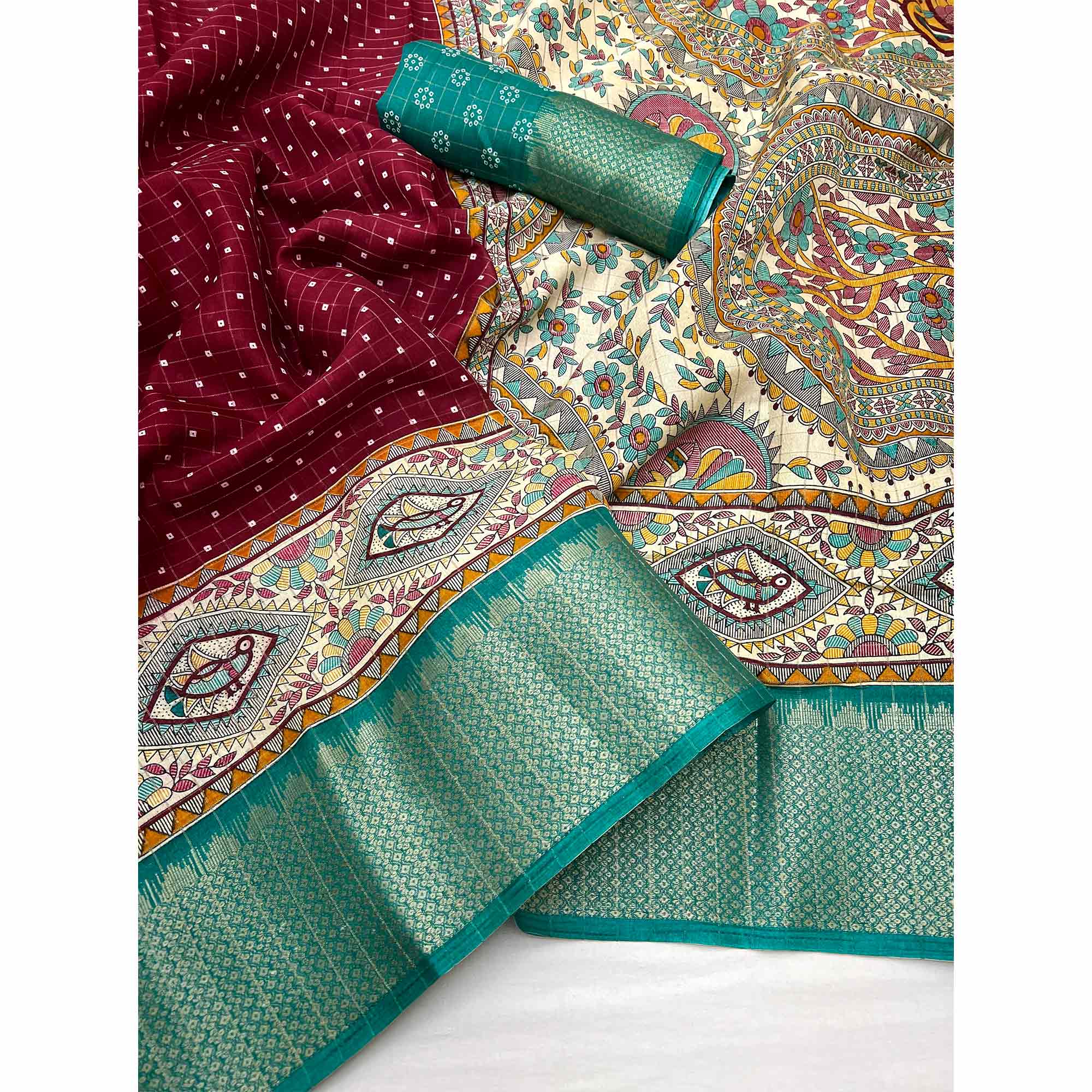 Maroon Checkes Zari Woven With Floral Printed Dola Silk Saree