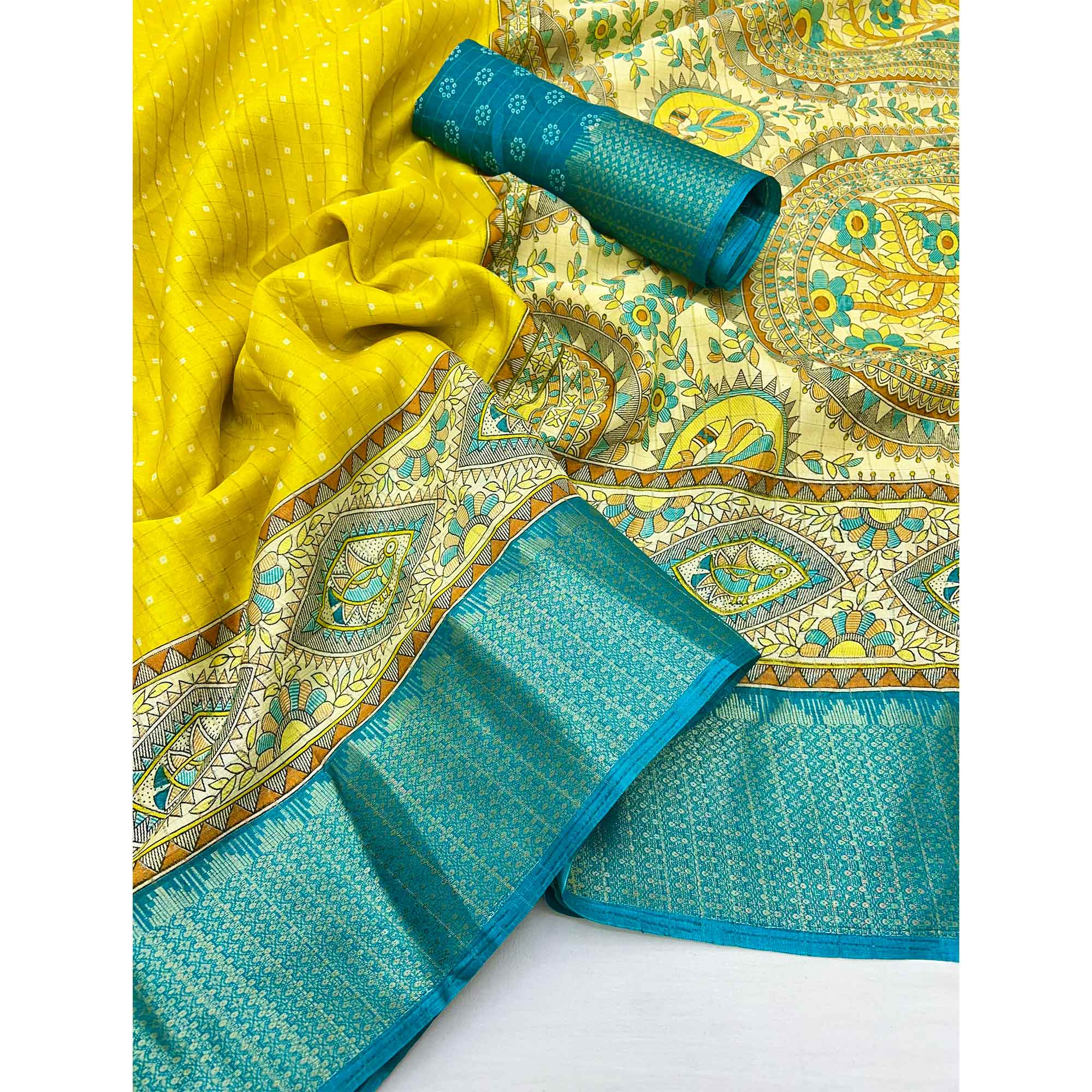 Yellow Checkes Zari Woven With Floral Printed Dola Silk Saree