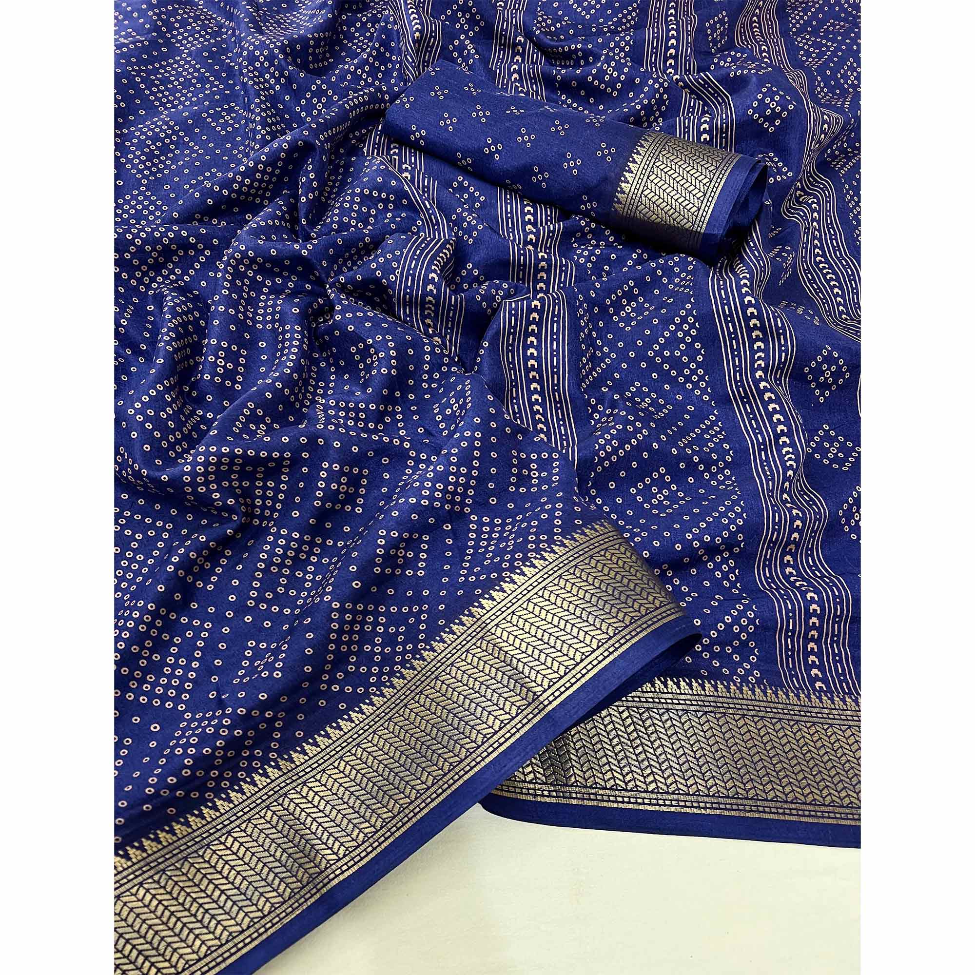 Navy Blue Printed Dola Silk Saree With Jacquard Border