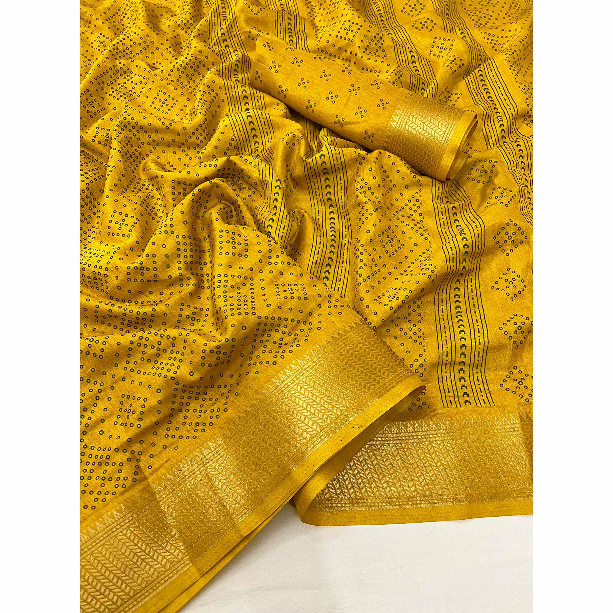 Mustard Printed Dola Silk Saree With Jacquard Border