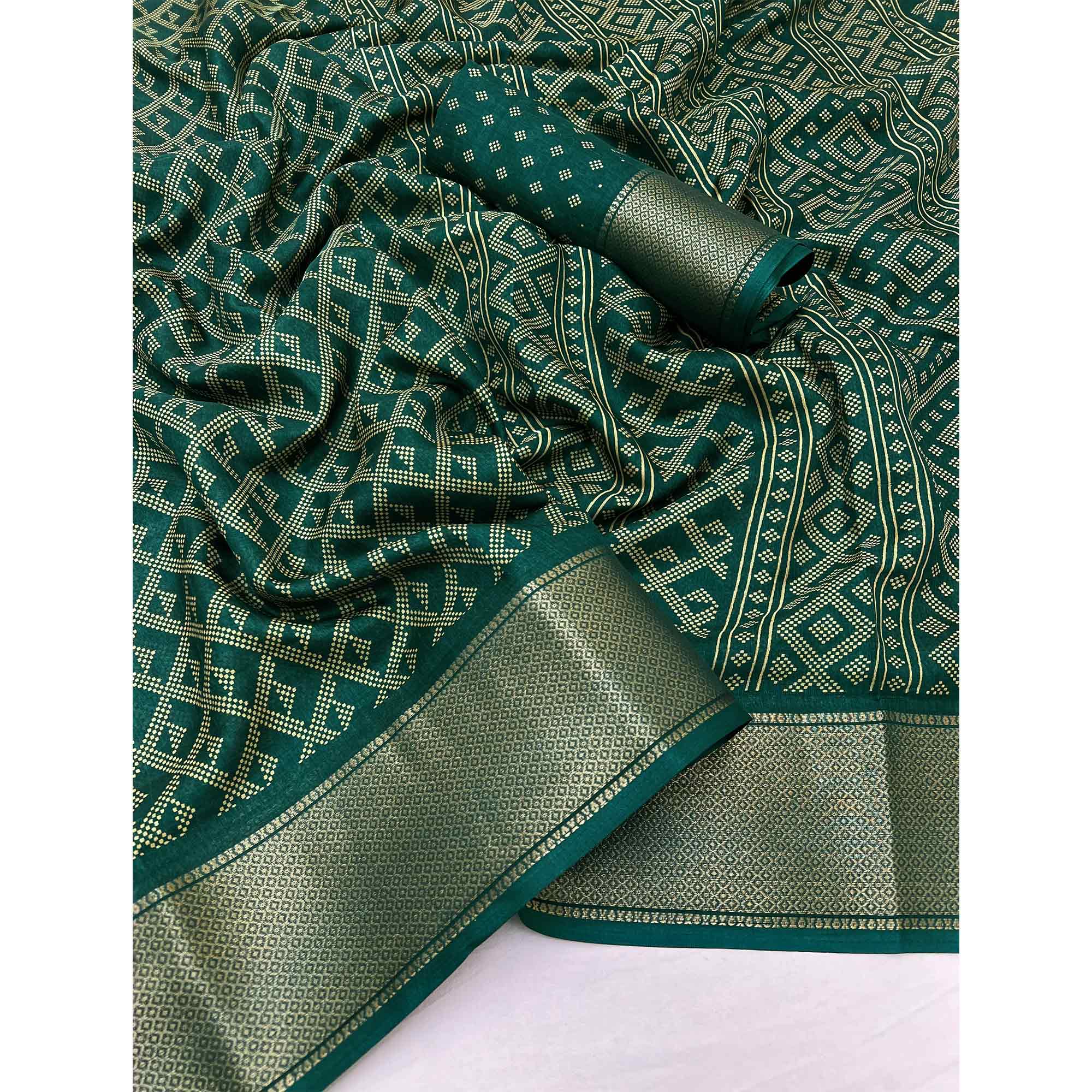 Green Printed Dola Silk Saree With Jacquard Border