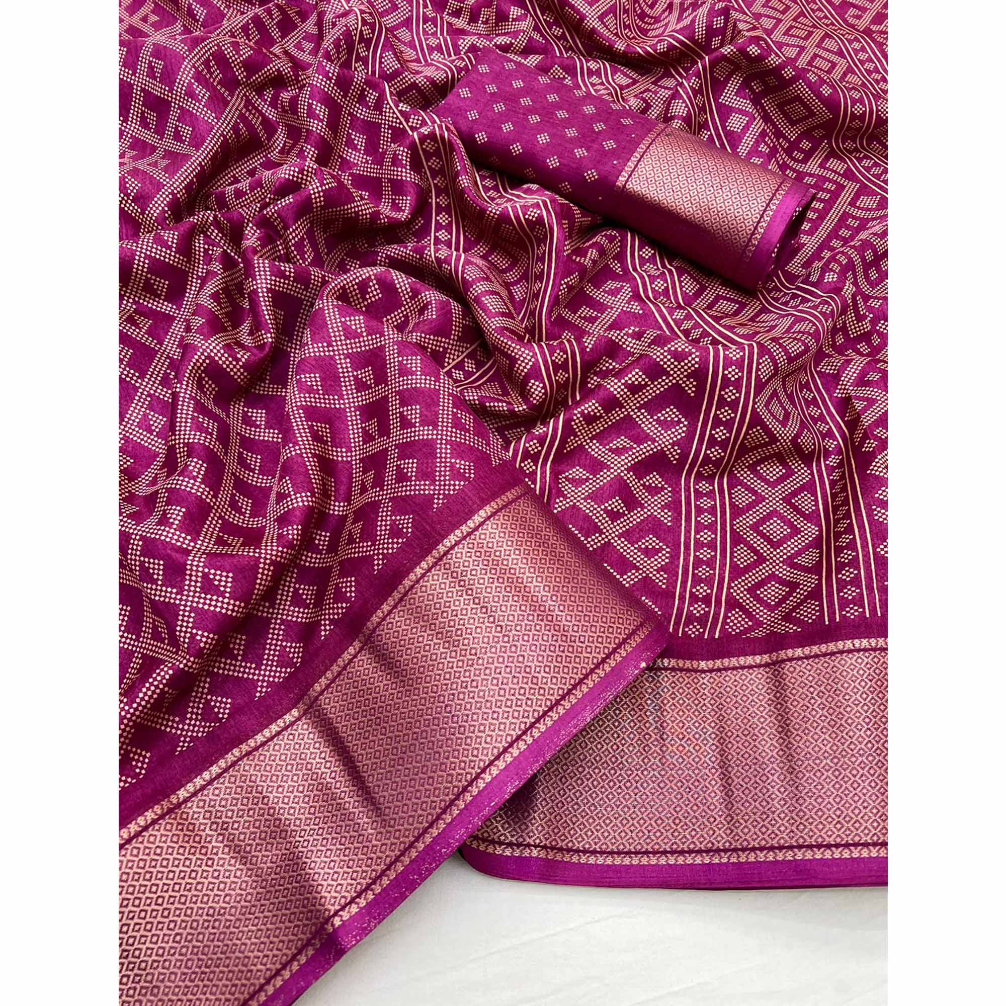 Wine Printed Dola Silk Saree With Jacquard Border