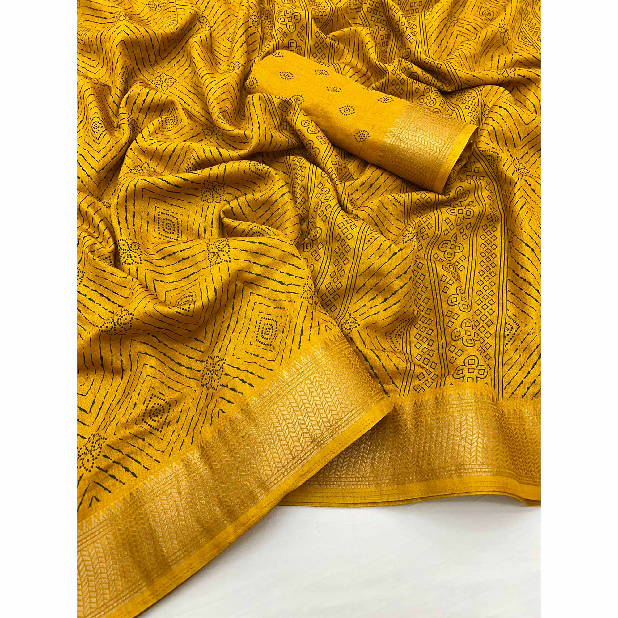 Mustard Geometric Printed Dola Silk Saree With Jacquard Border