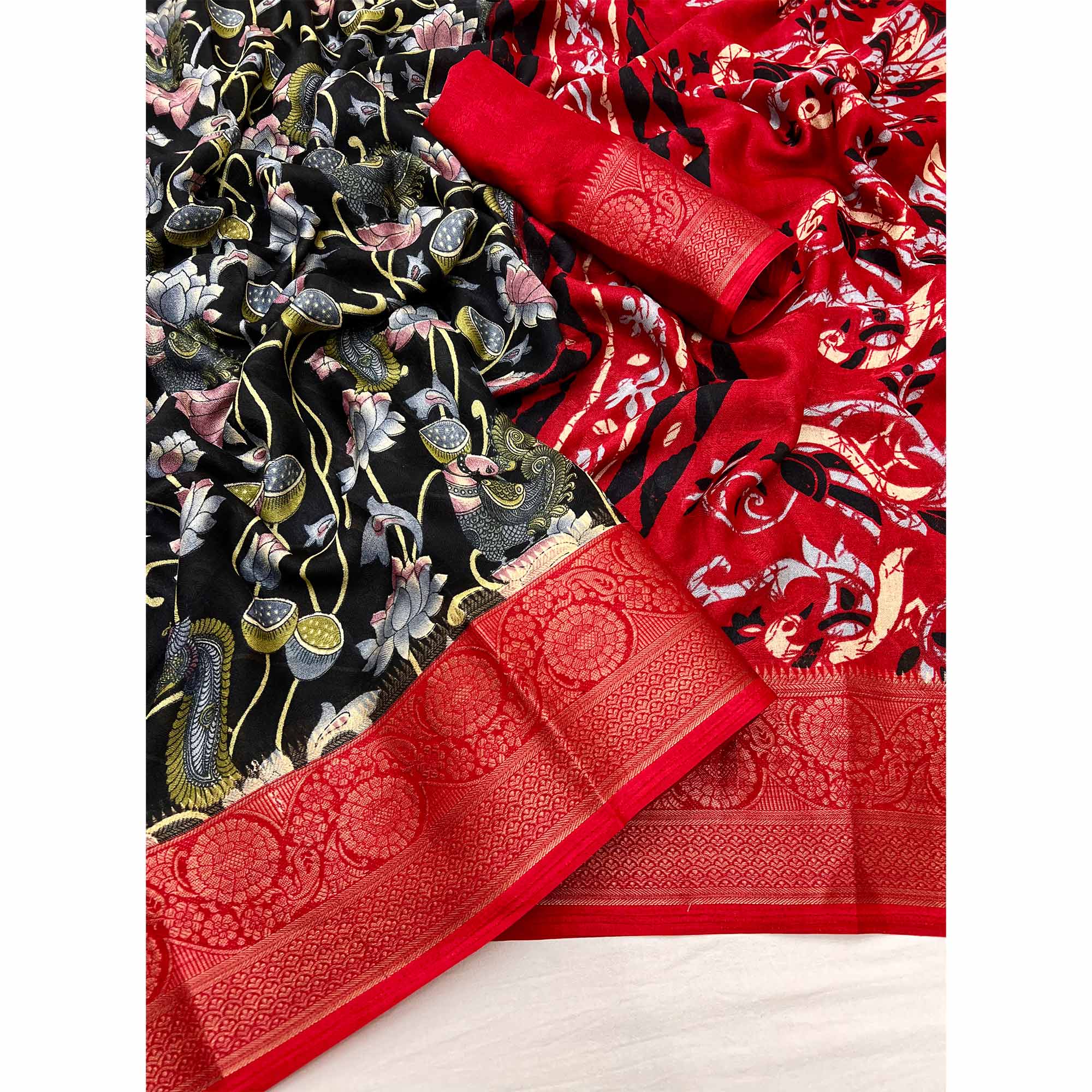 Black Kalamkari Printed Georgette Saree With Jacquard Border