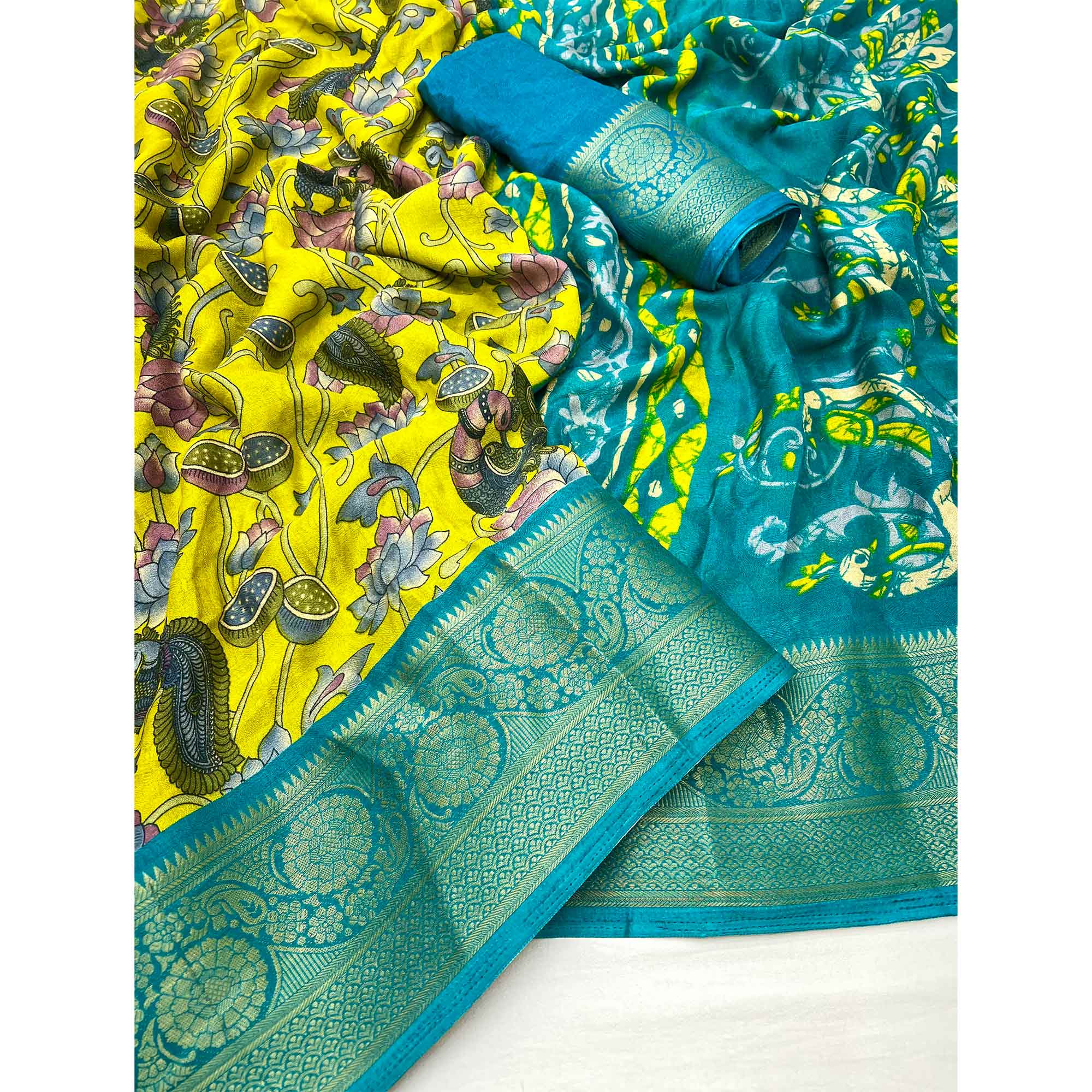 Yellow Kalamkari Printed Georgette Saree With Jacquard Border