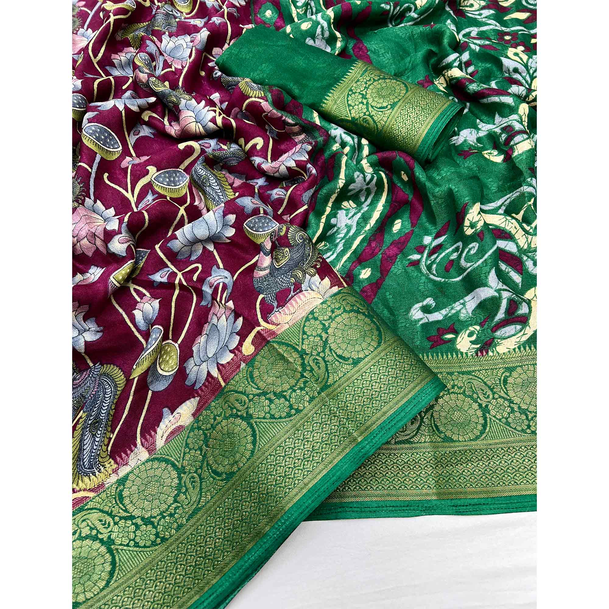 Wine Kalamkari Printed Georgette Saree With Jacquard Border