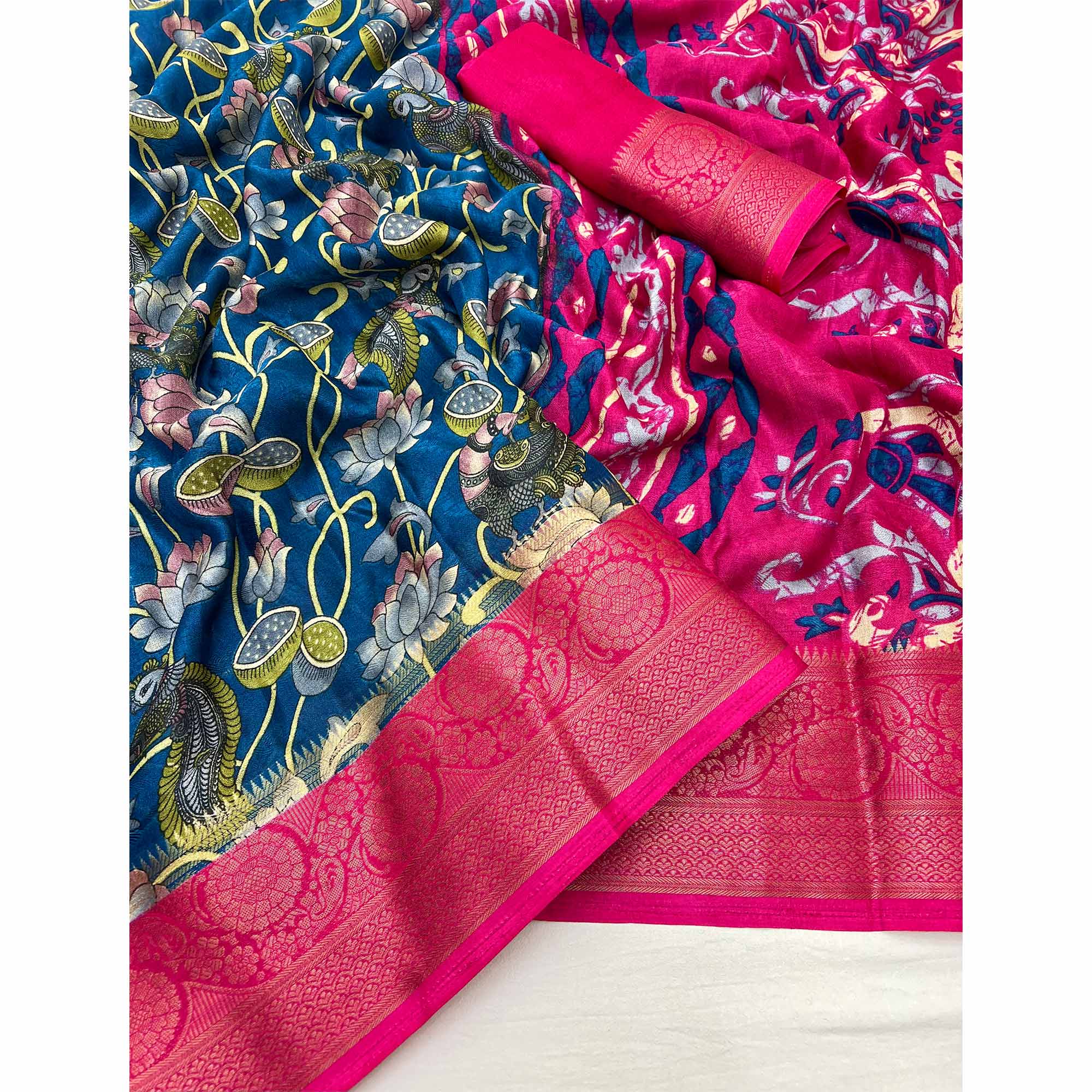 Blue Kalamkari Printed Georgette Saree With Jacquard Border