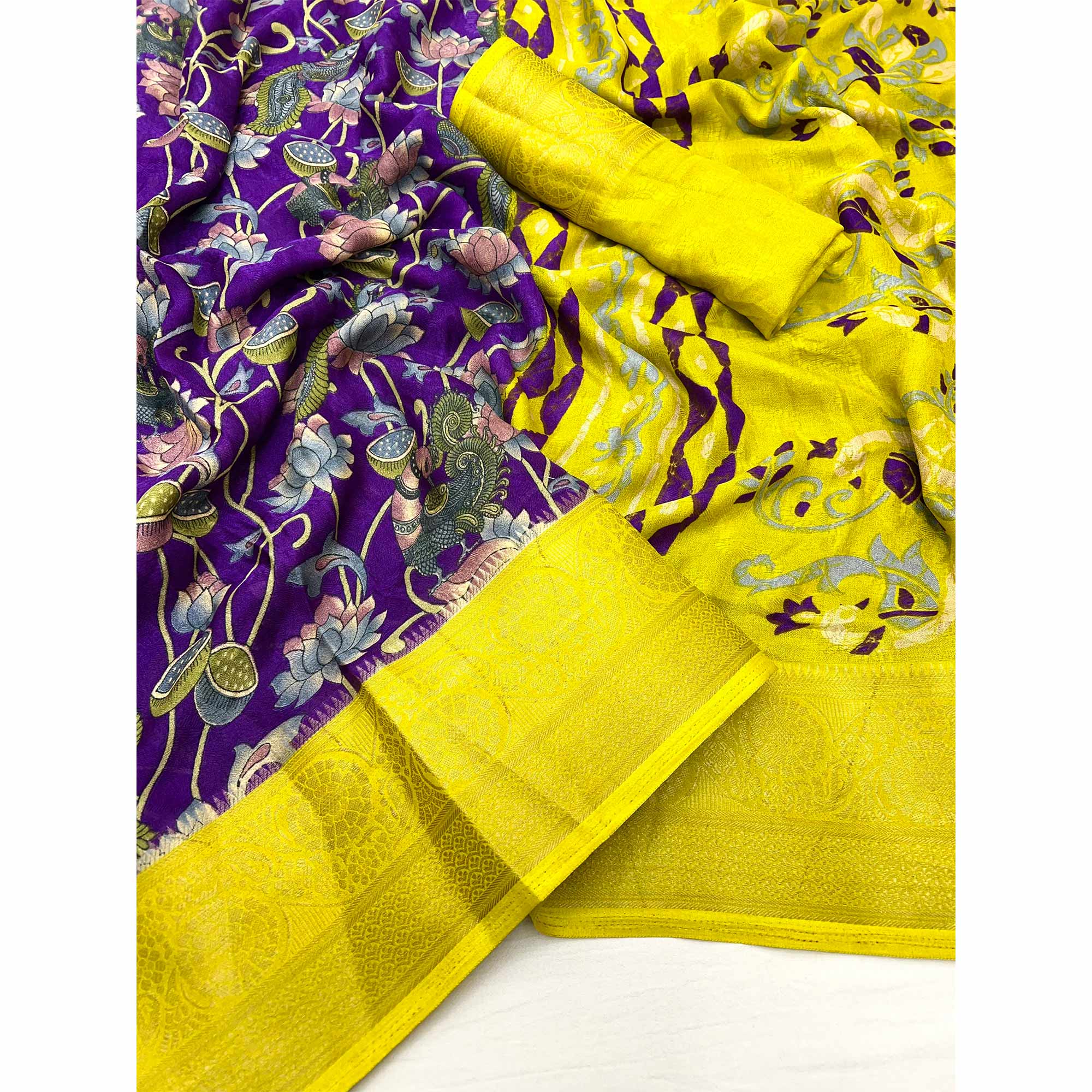 Purple Kalamkari Printed Georgette Saree With Jacquard Border