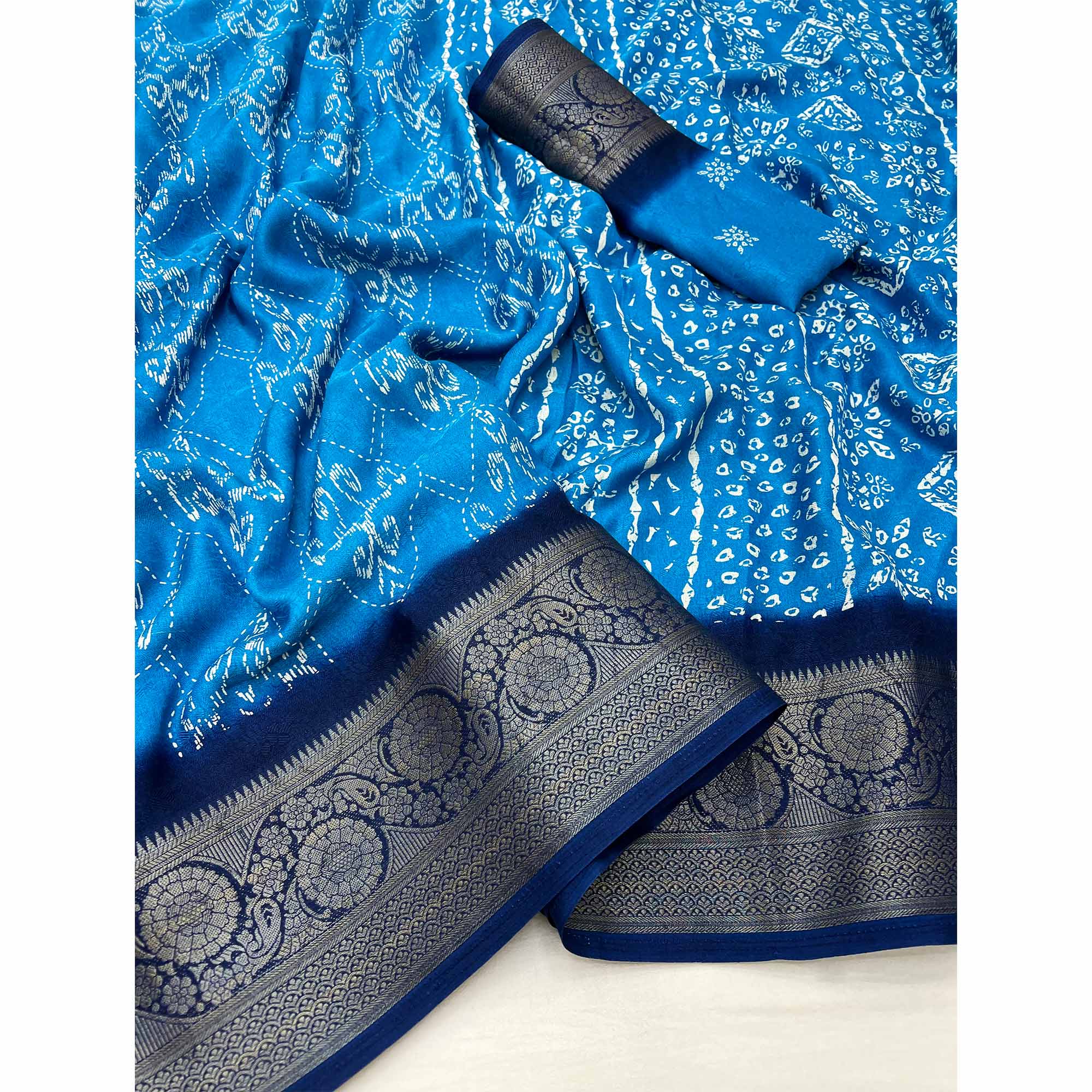 Blue Digital Printed Georgette Saree With Jacquard Border