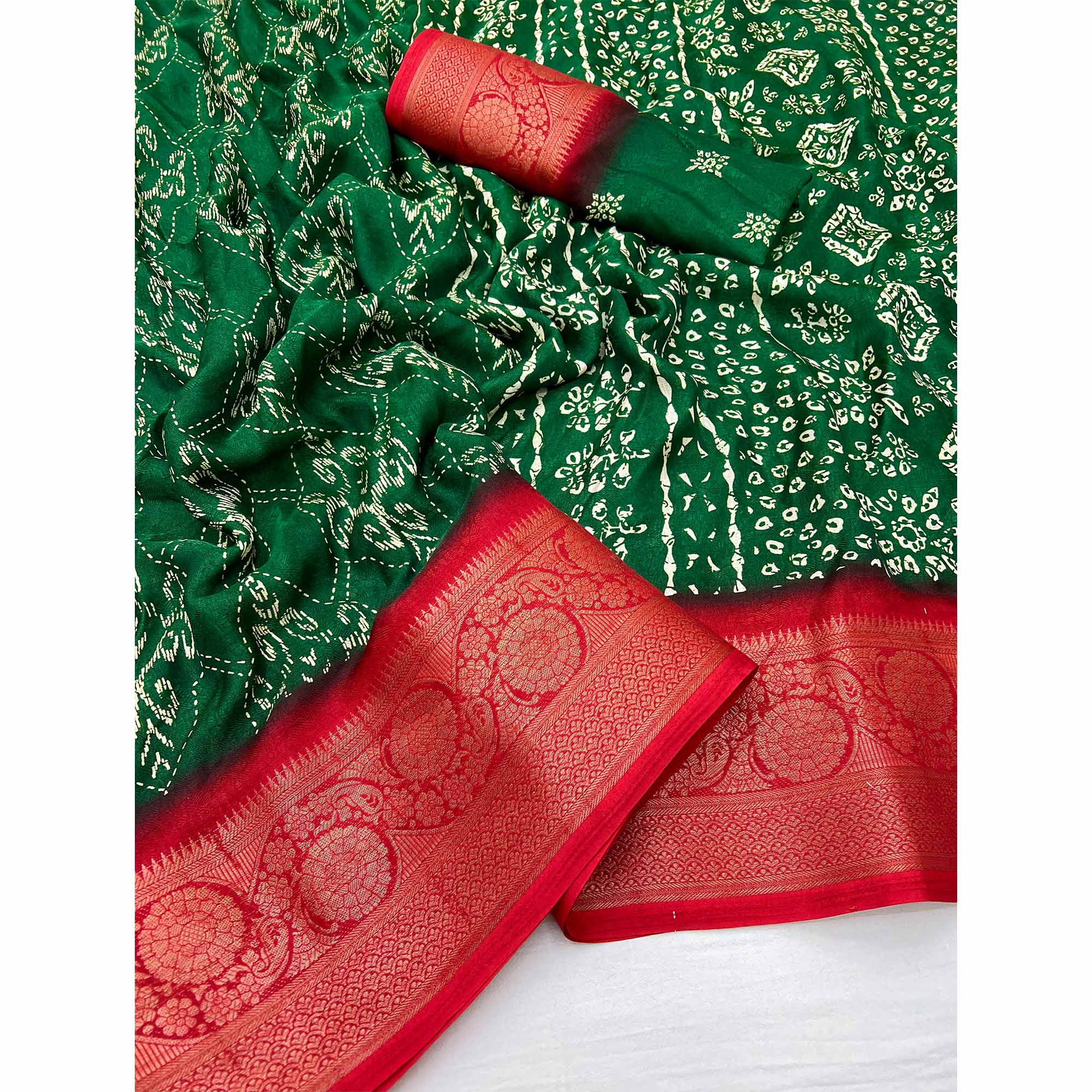 Green Digital Printed Georgette Saree With Jacquard Border