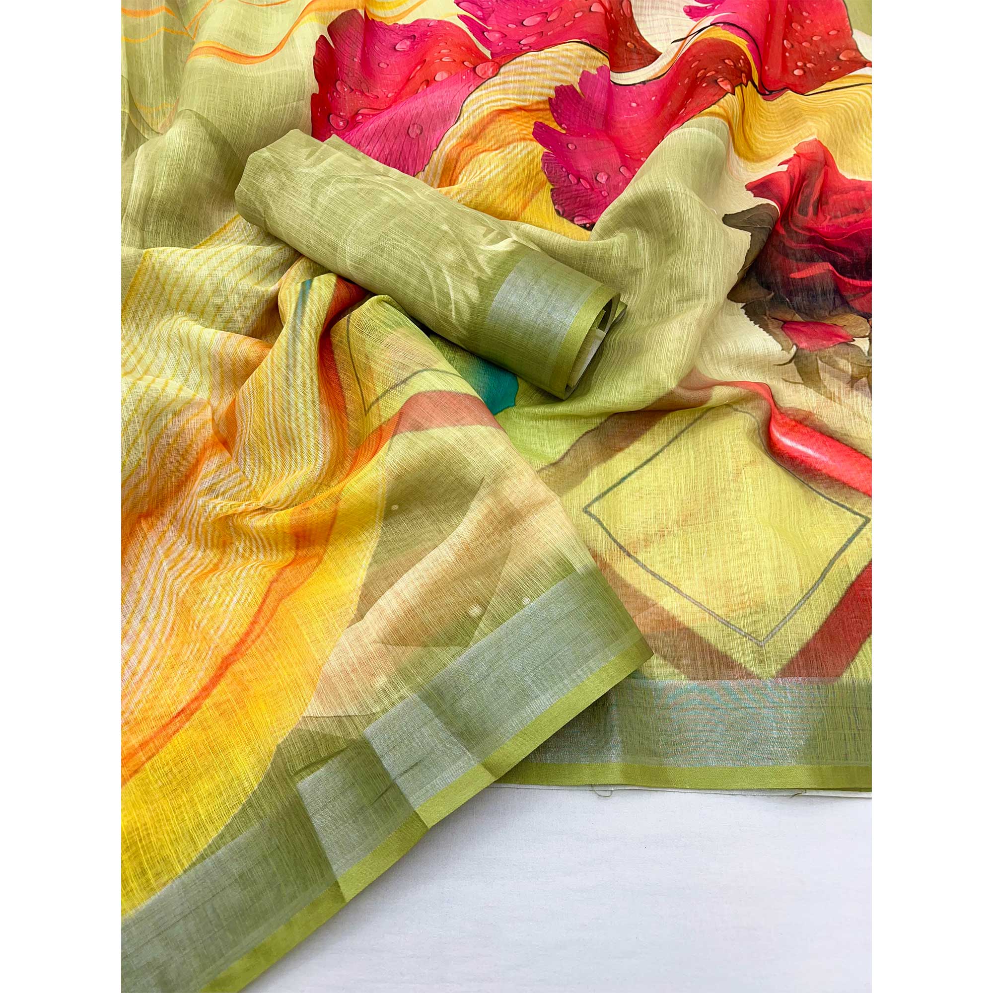 Yellow & Green Floral Digital Printed Linen Saree With Zari Border