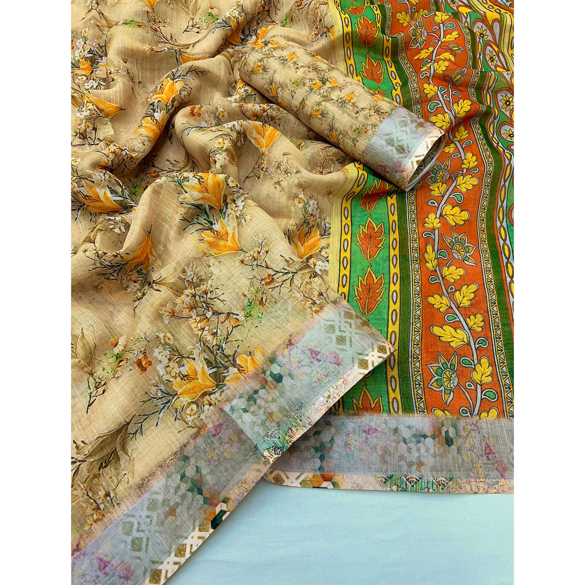 Beige Floral Digital Printed Linen Saree With Zari Border