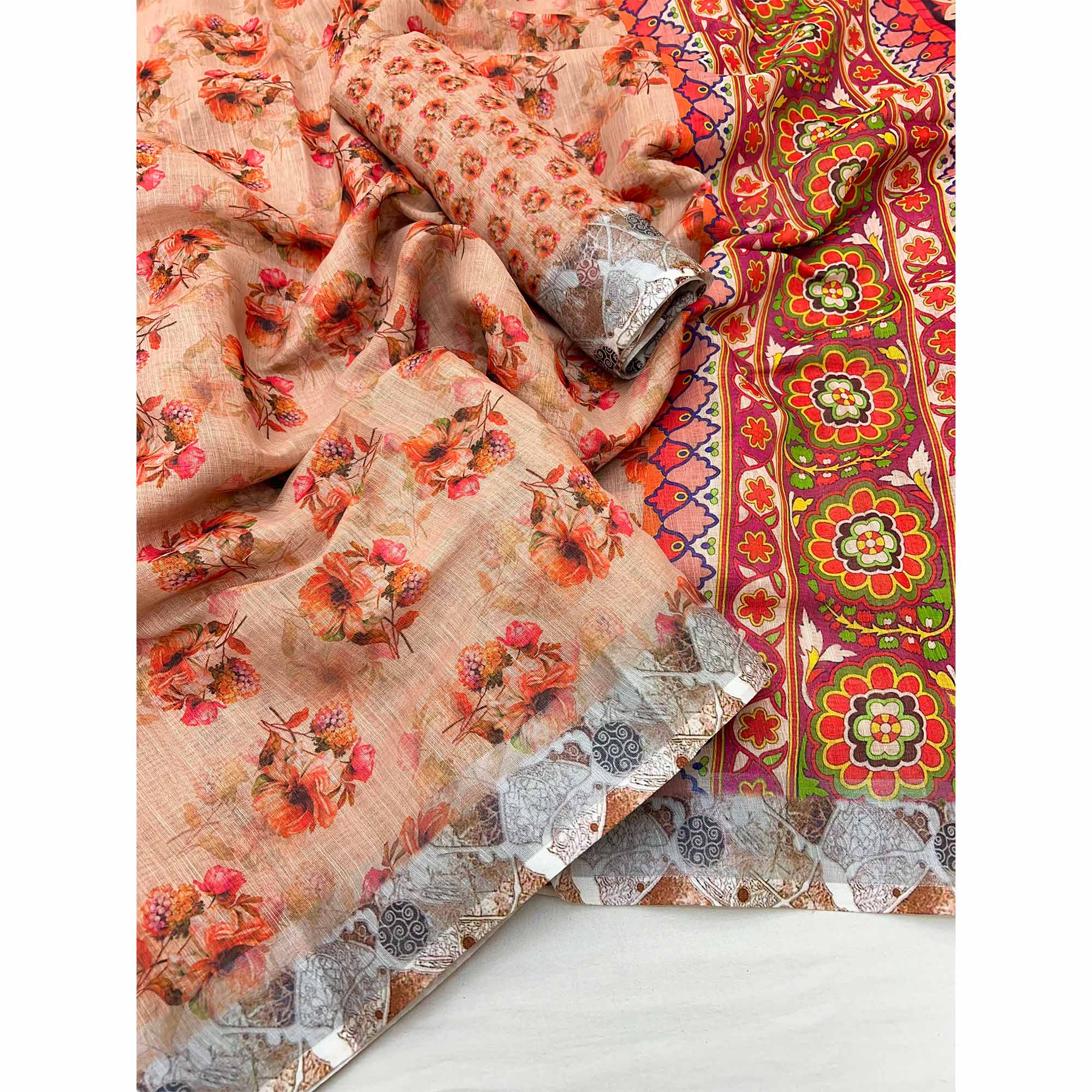 Light Orange Floral Digital Printed Linen Saree With Zari Border