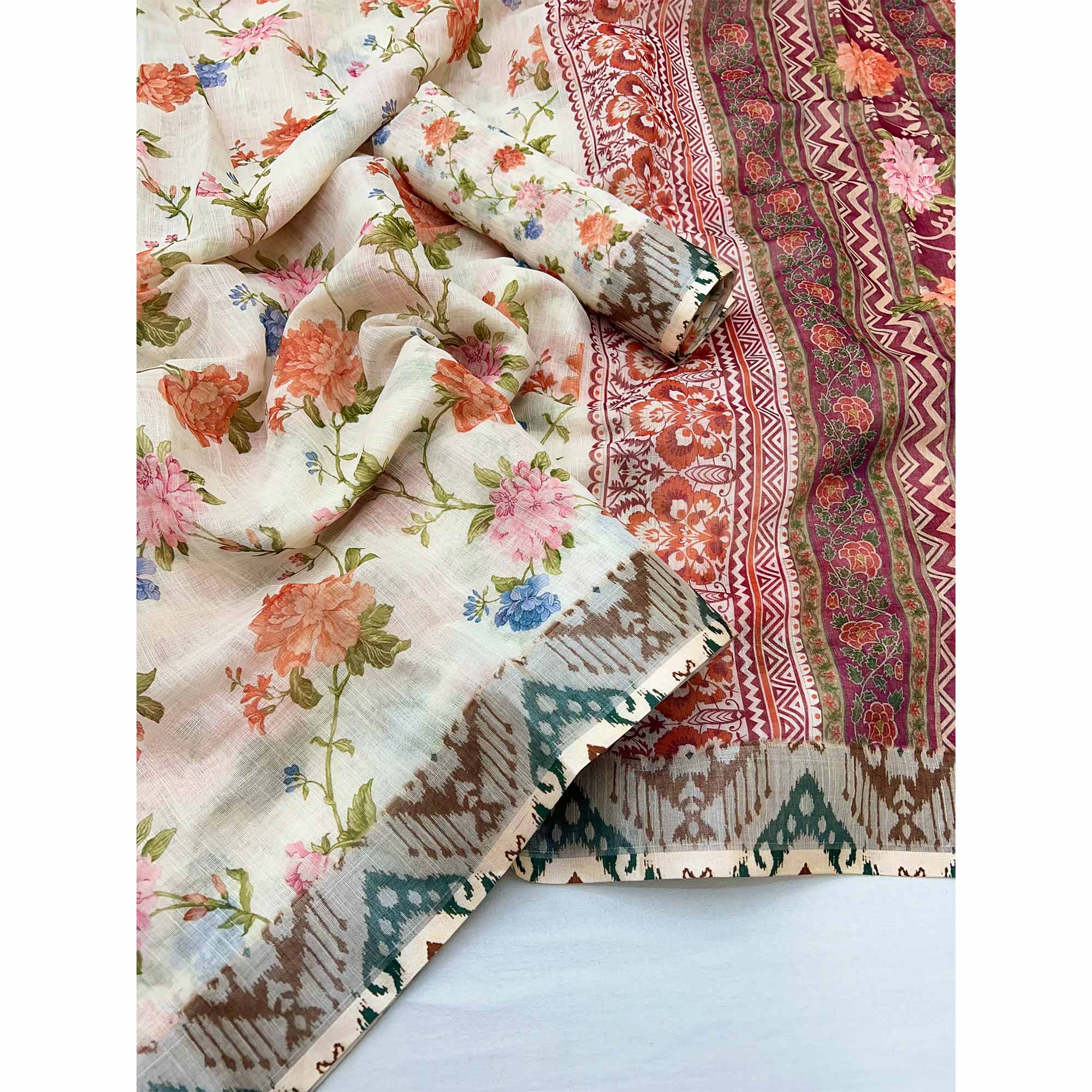 Off White Floral Digital Printed Linen Saree With Zari Border