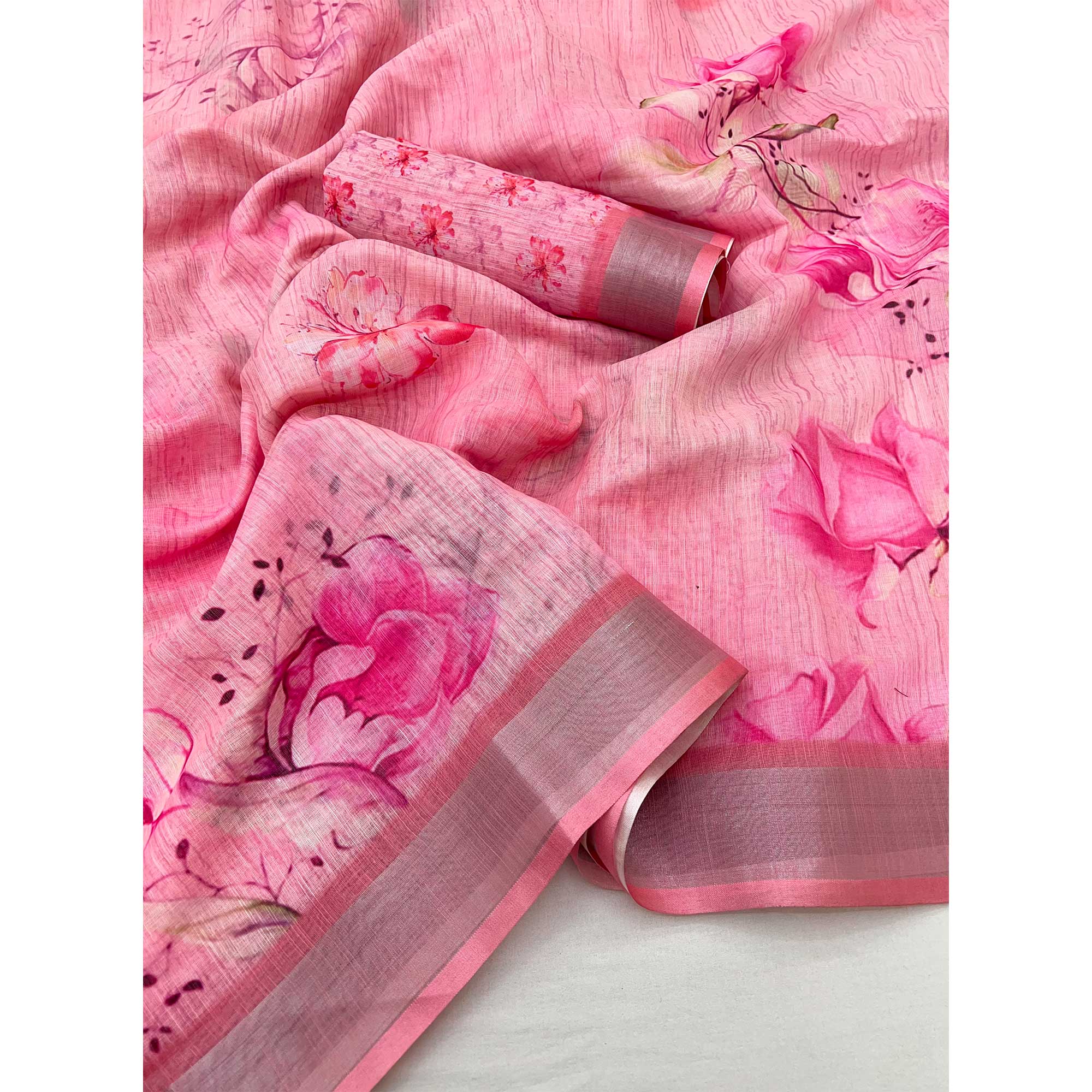 Pink Floral Digital Printed Linen Saree With Zari Border