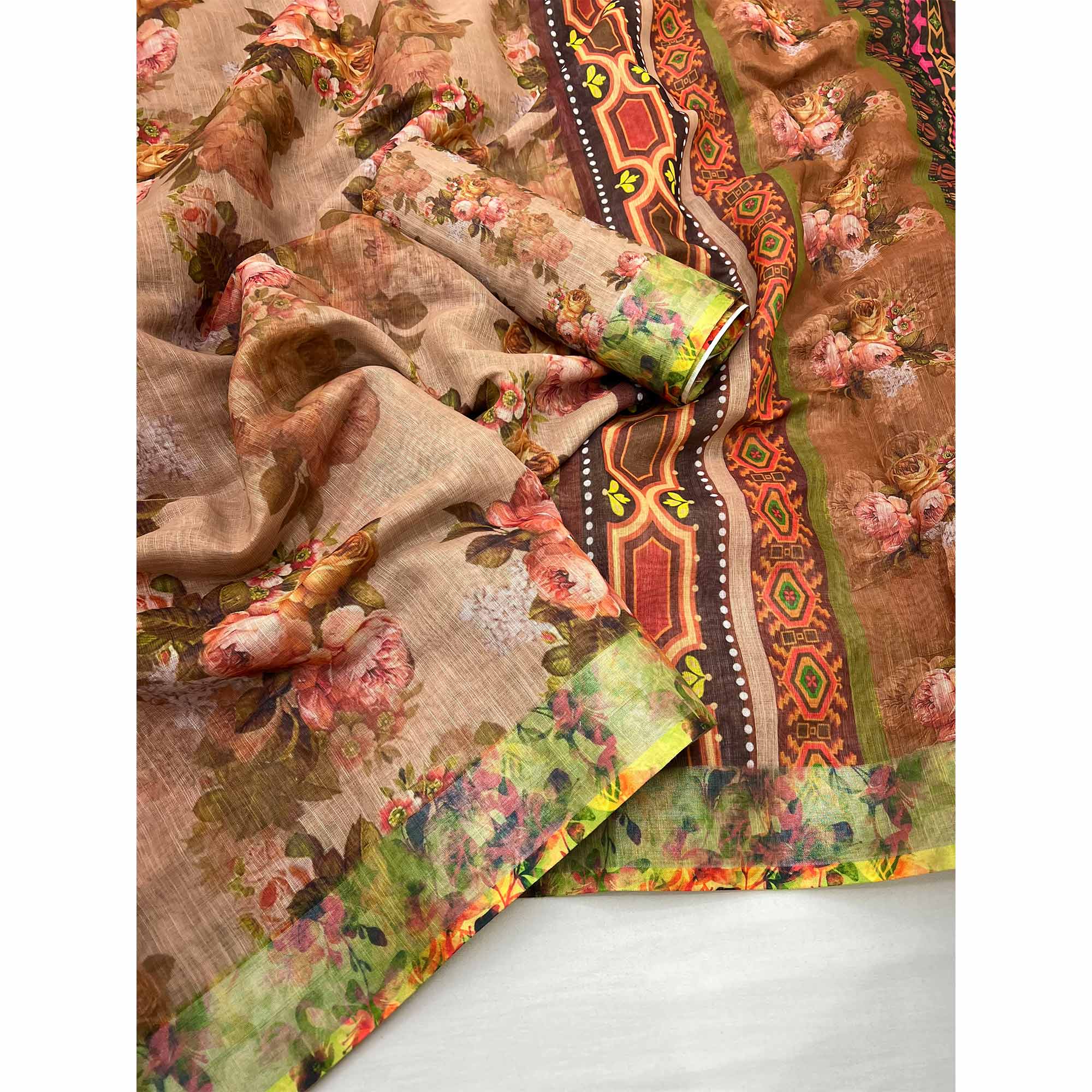 Brown Floral Digital Printed Linen Saree With Zari Border