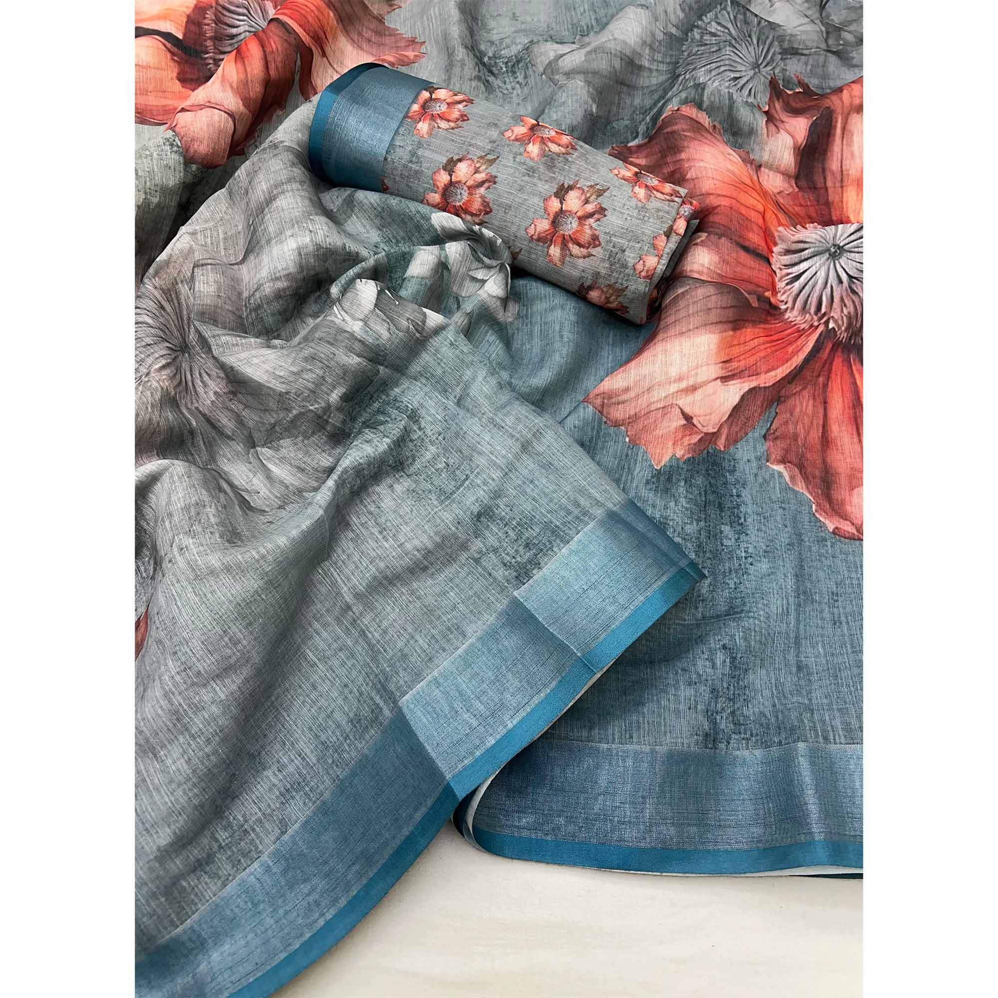 Bluish Grey Floral Digital Printed Linen Saree With Zari Border