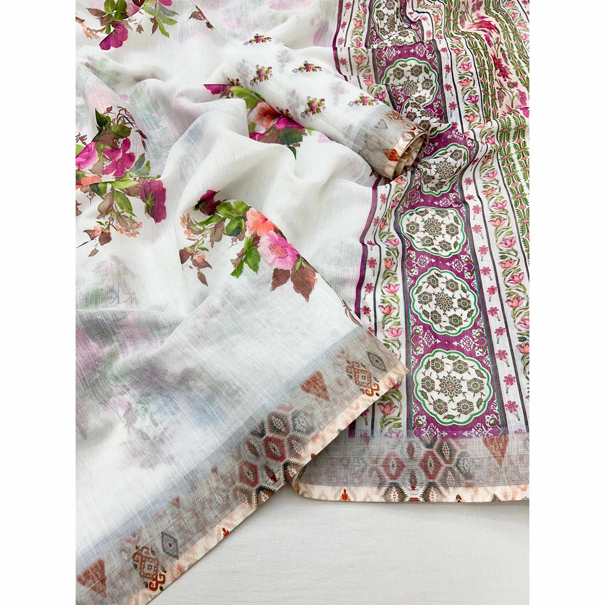 White Floral Digital Printed Linen Saree With Zari Border