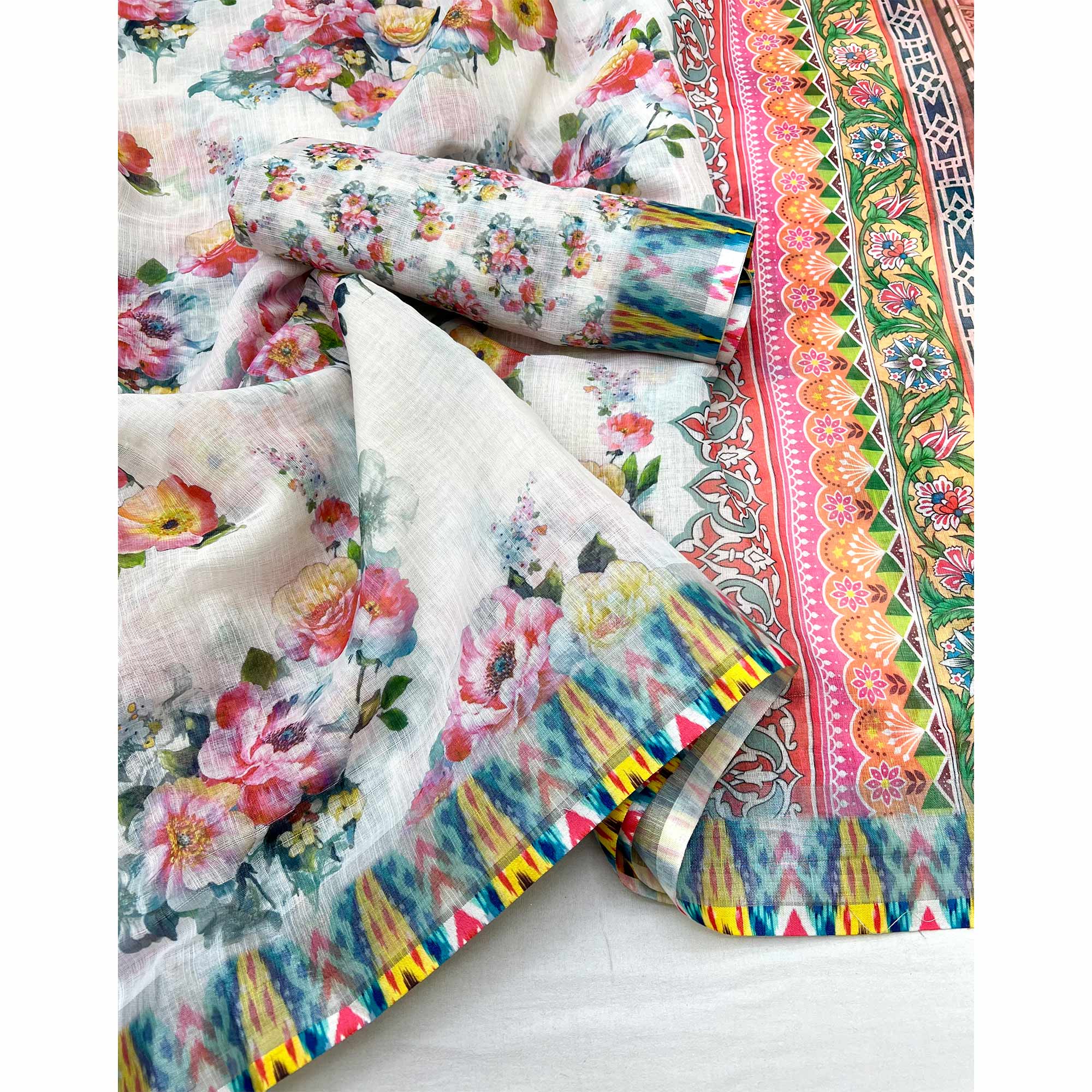 White Floral Digital Printed Linen Saree With Zari Border